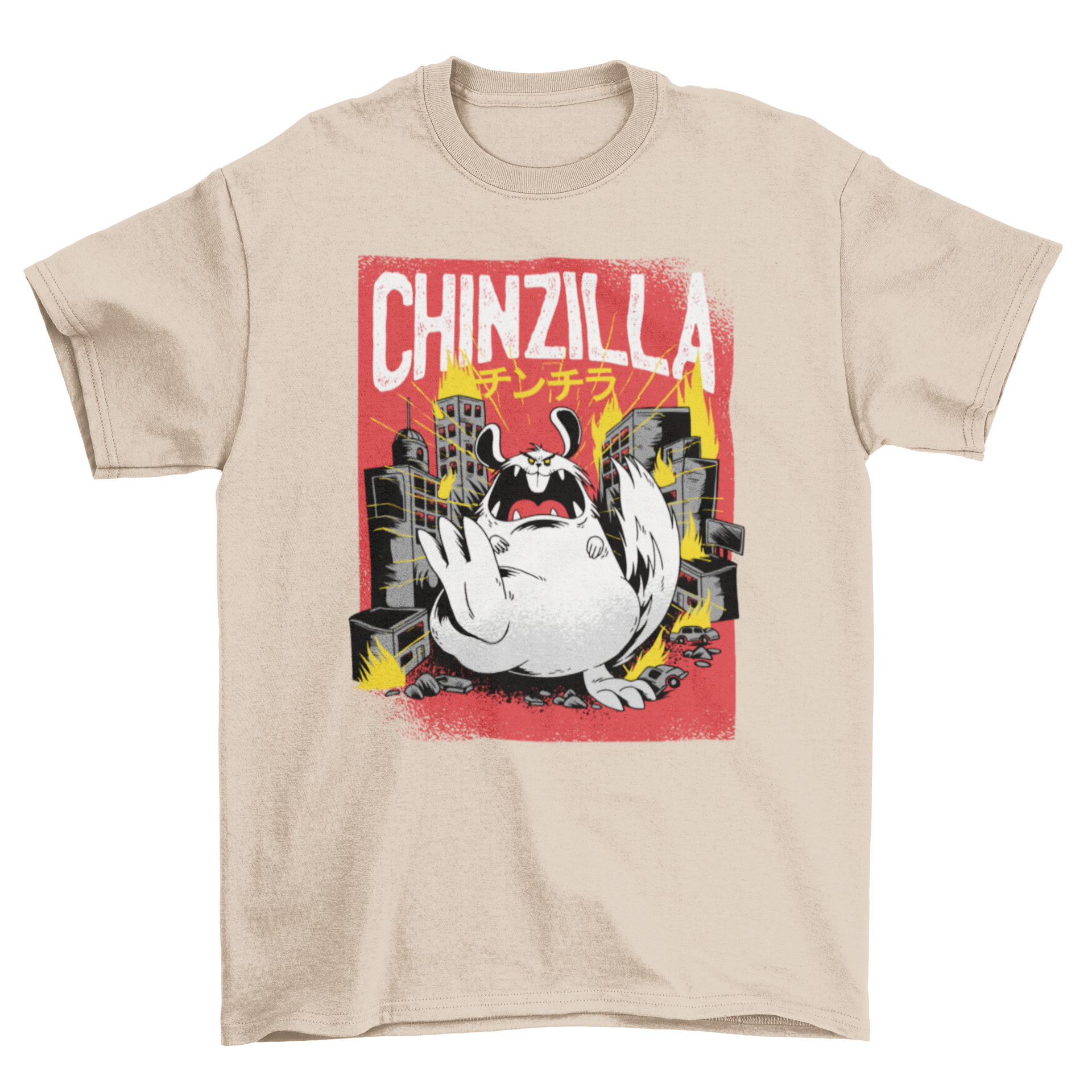 Chinchilla Monster T-shirt featuring a giant chinchilla graphic and the word CHINZILLA in bold letters.