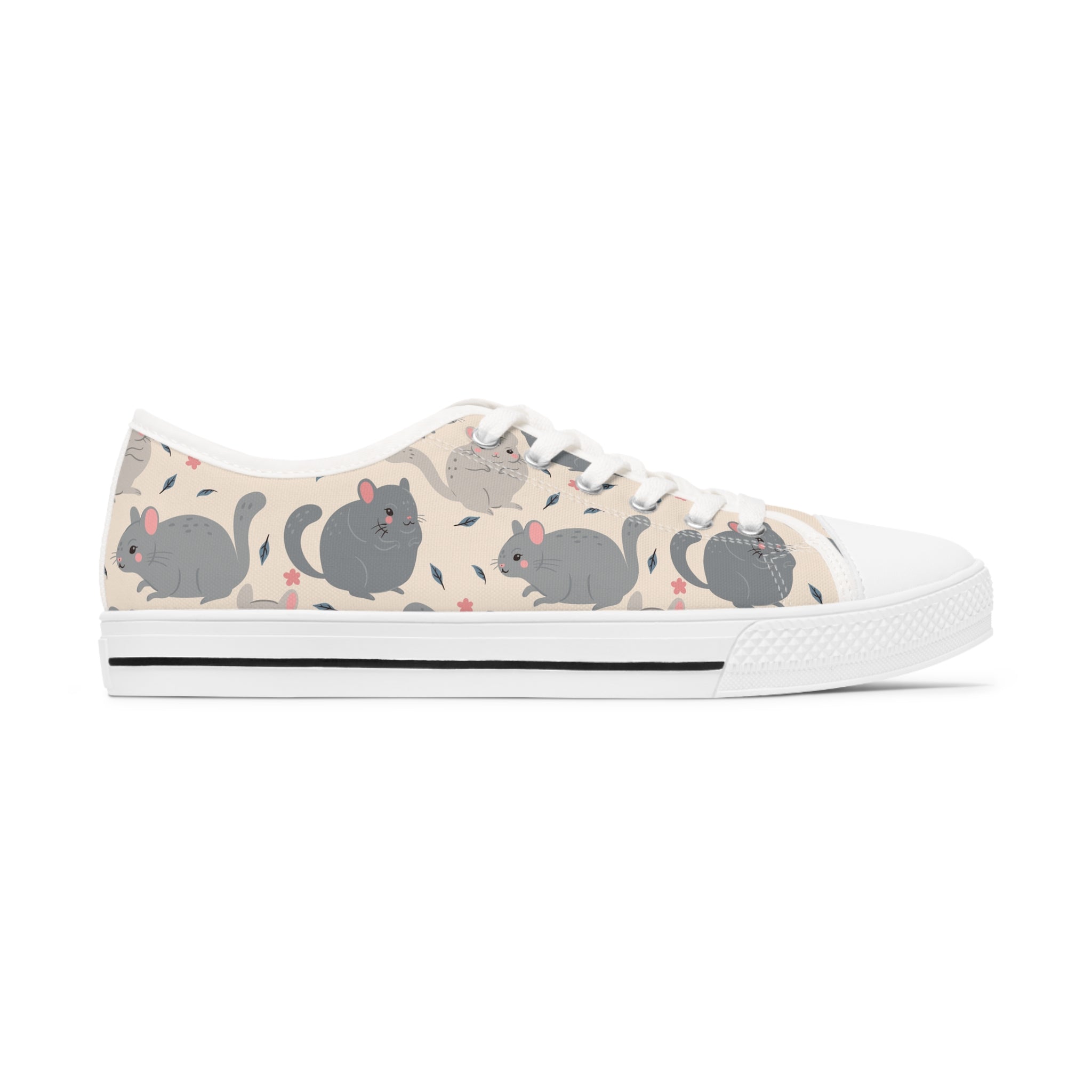 Chinchilla Women's Low Top Sneakers in black and white, showcasing breathable canvas and stylish design with silver metal eyelets.