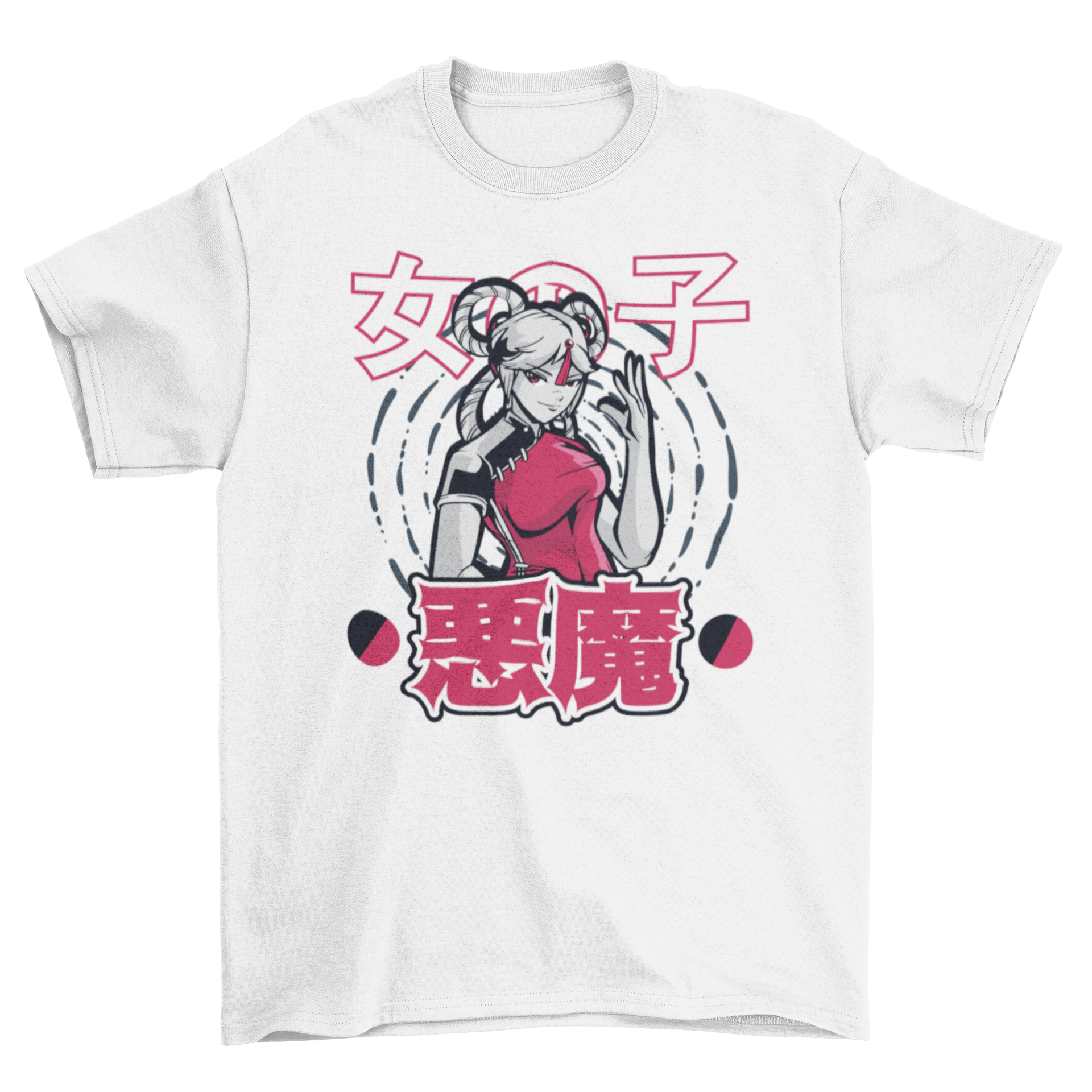 A vibrant t-shirt featuring a Chinese anime girl illustration with Japanese characters surrounding her, showcasing a unique design.