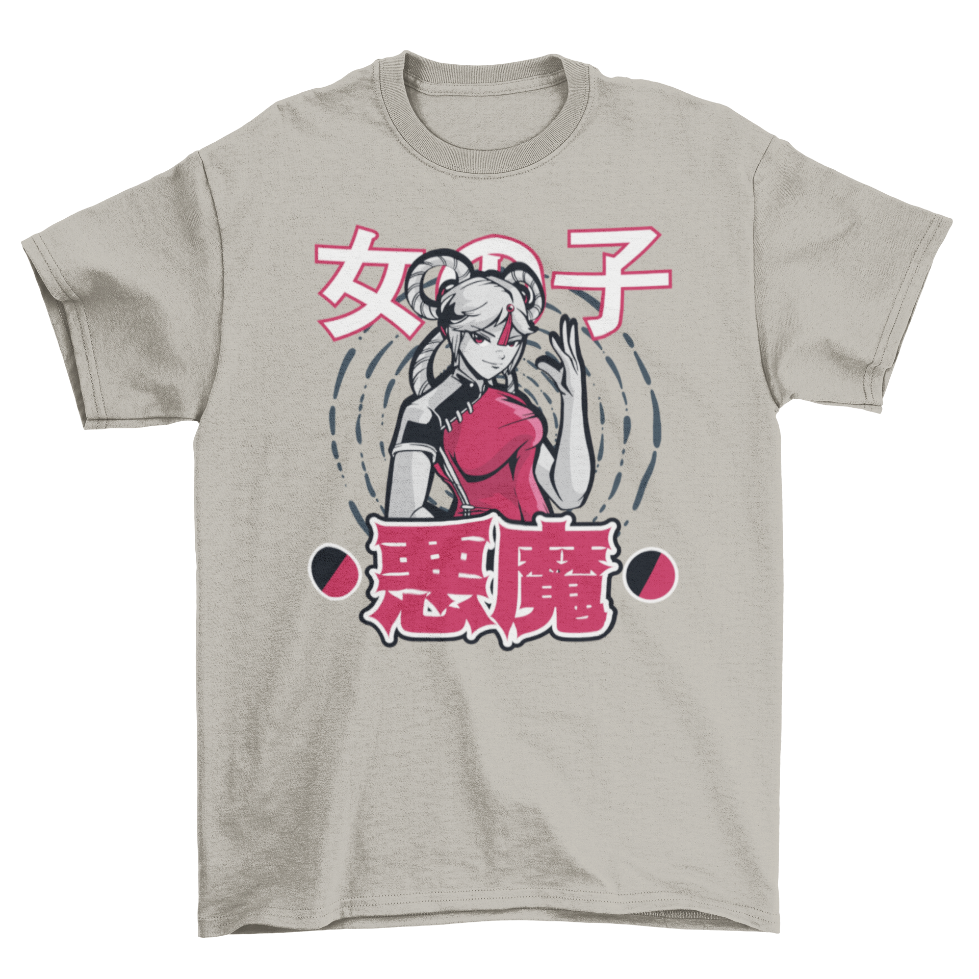 A vibrant t-shirt featuring a Chinese anime girl illustration with Japanese characters surrounding her, showcasing a unique design.