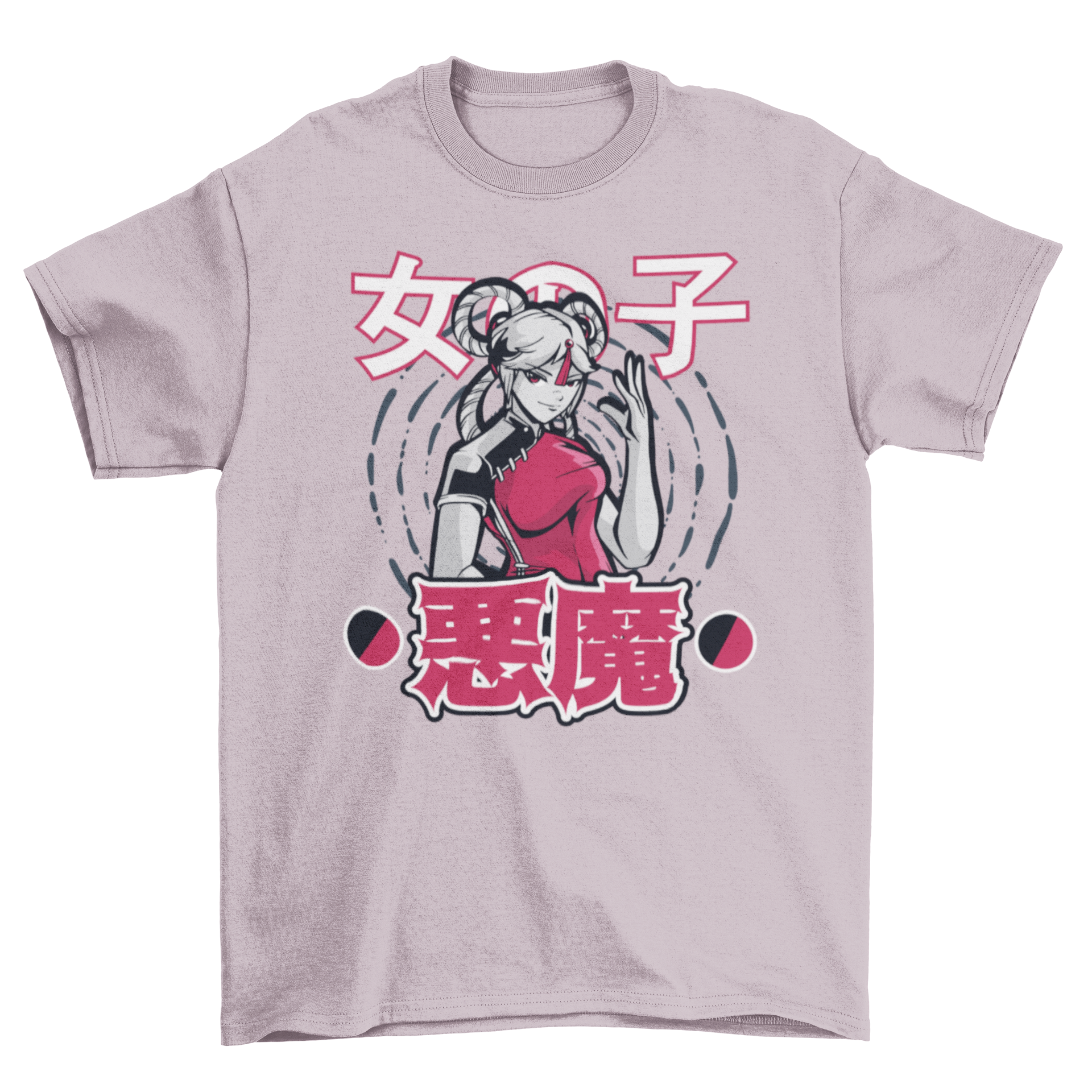 A vibrant t-shirt featuring a Chinese anime girl illustration with Japanese characters surrounding her, showcasing a unique design.