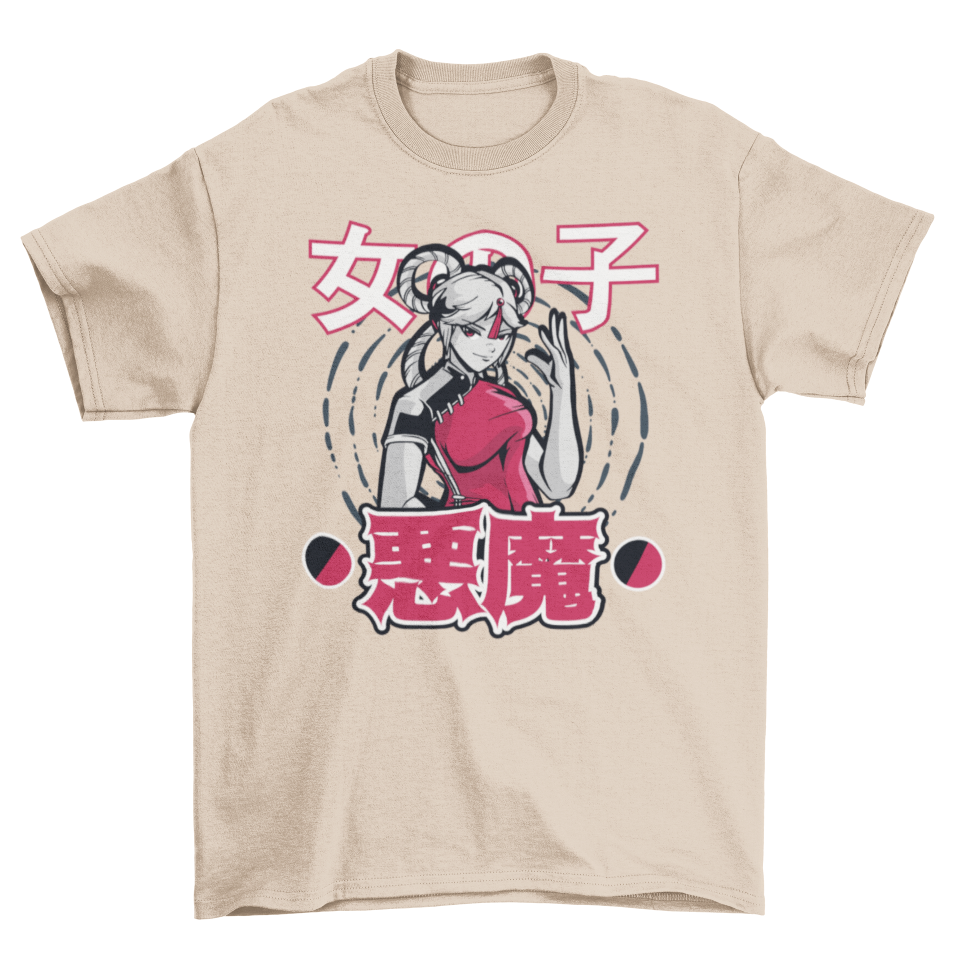 A vibrant t-shirt featuring a Chinese anime girl illustration with Japanese characters surrounding her, showcasing a unique design.