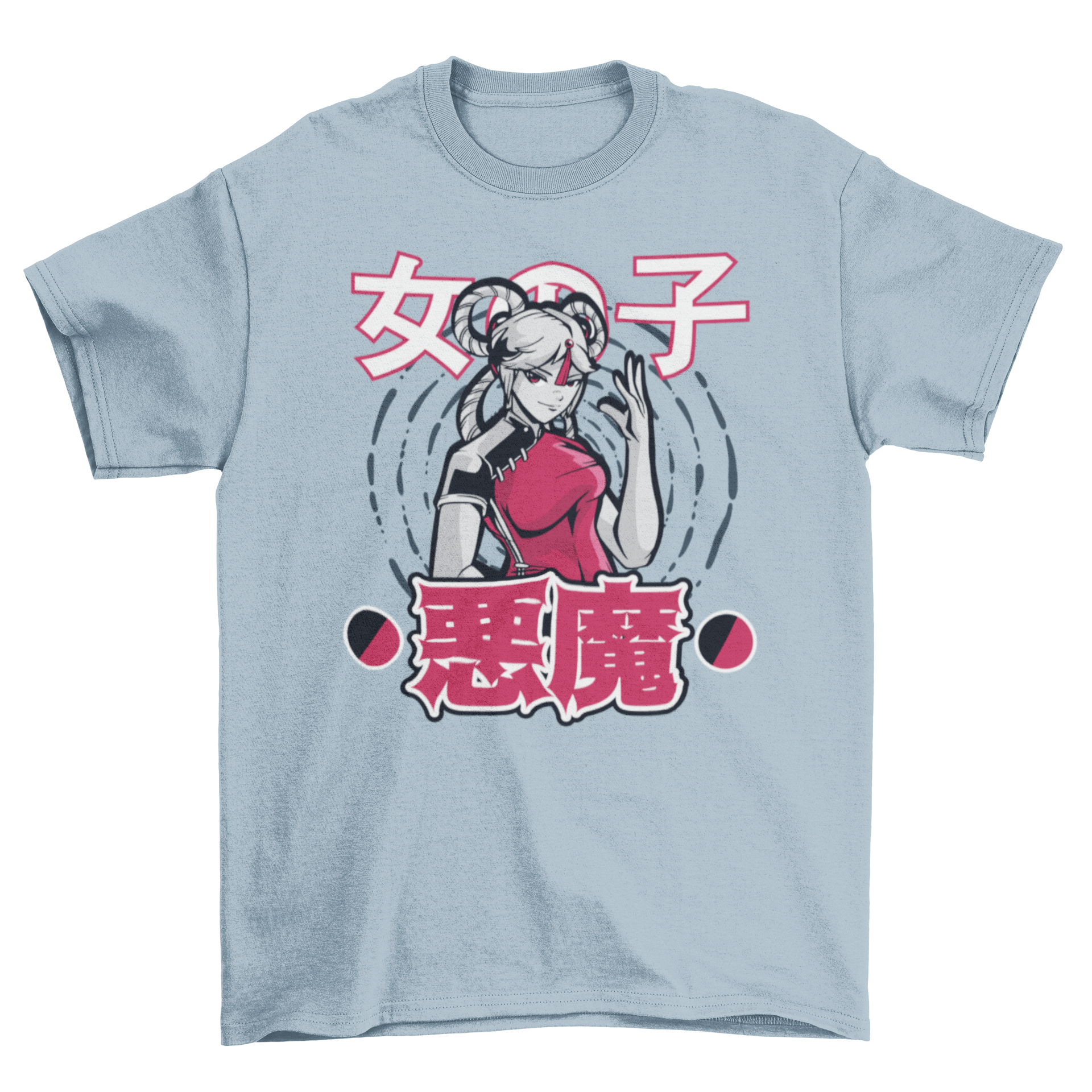 A vibrant t-shirt featuring a Chinese anime girl illustration with Japanese characters surrounding her, showcasing a unique design.