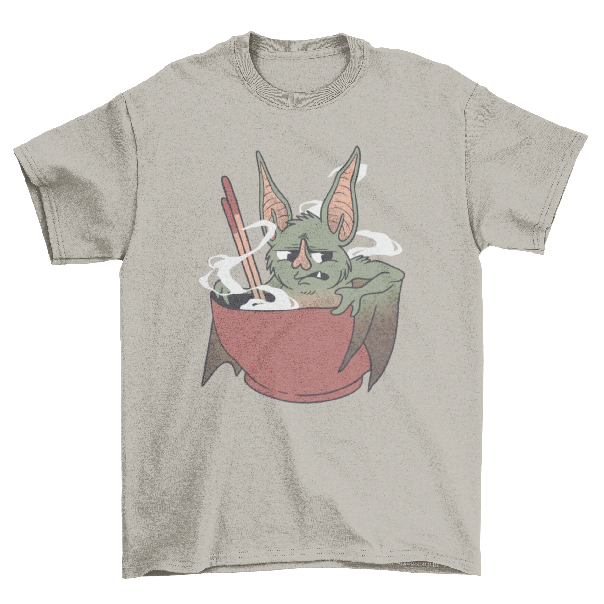 A stylish Chinese Bat T-shirt featuring a bat in a steaming food bowl with chopsticks, showcasing a unique and playful design.