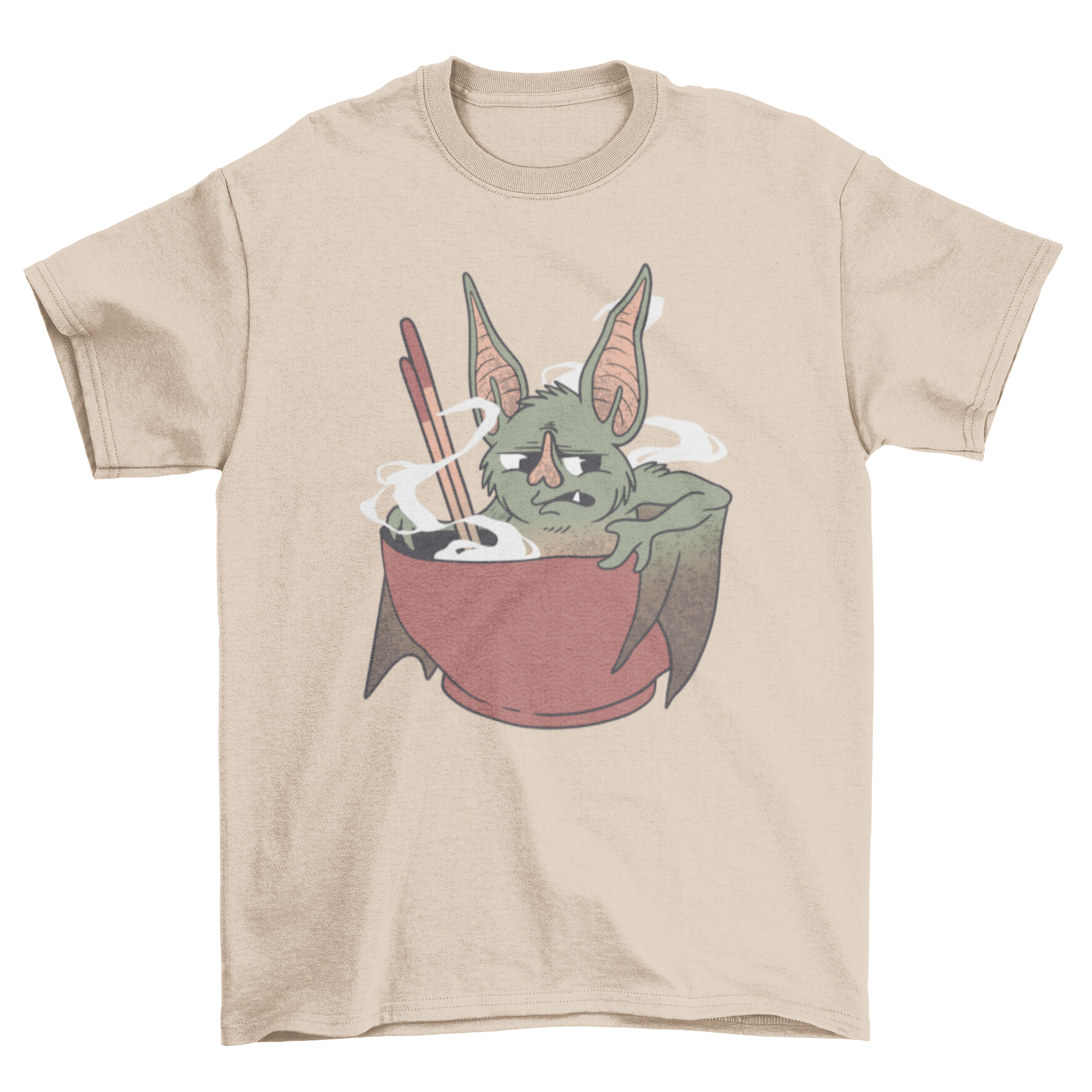 A stylish Chinese Bat T-shirt featuring a bat in a steaming food bowl with chopsticks, showcasing a unique and playful design.