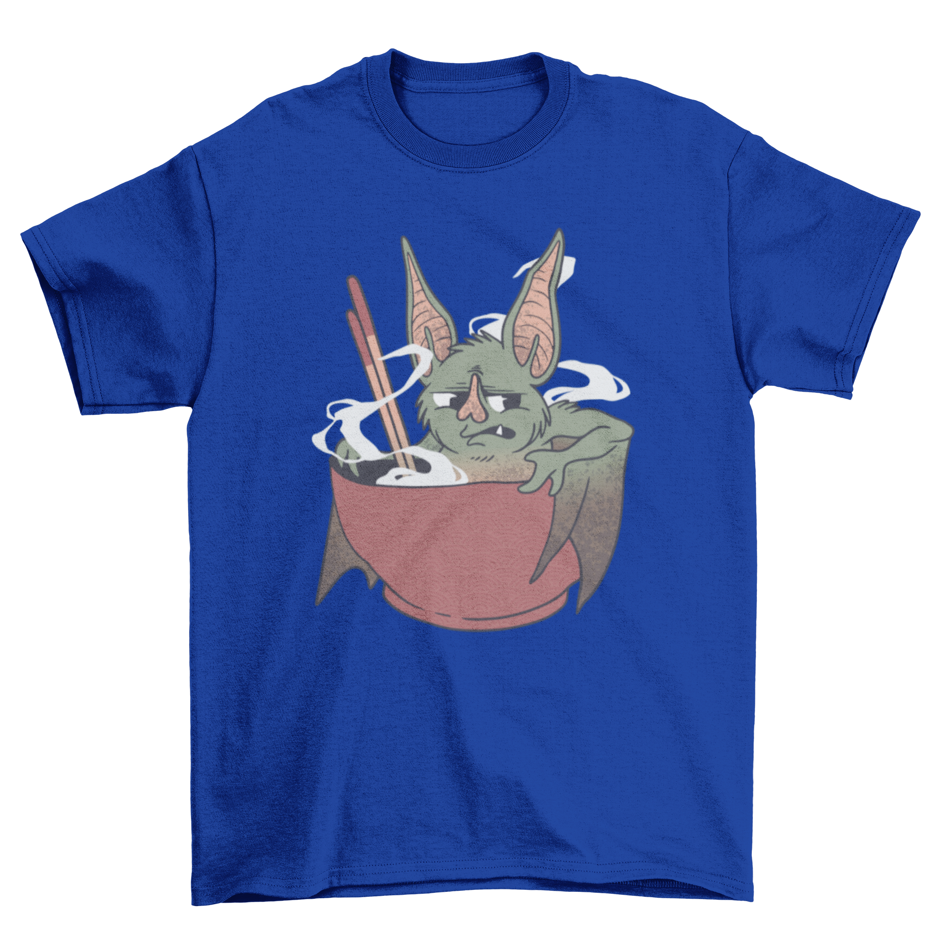 A stylish Chinese Bat T-shirt featuring a bat in a steaming food bowl with chopsticks, showcasing a unique and playful design.