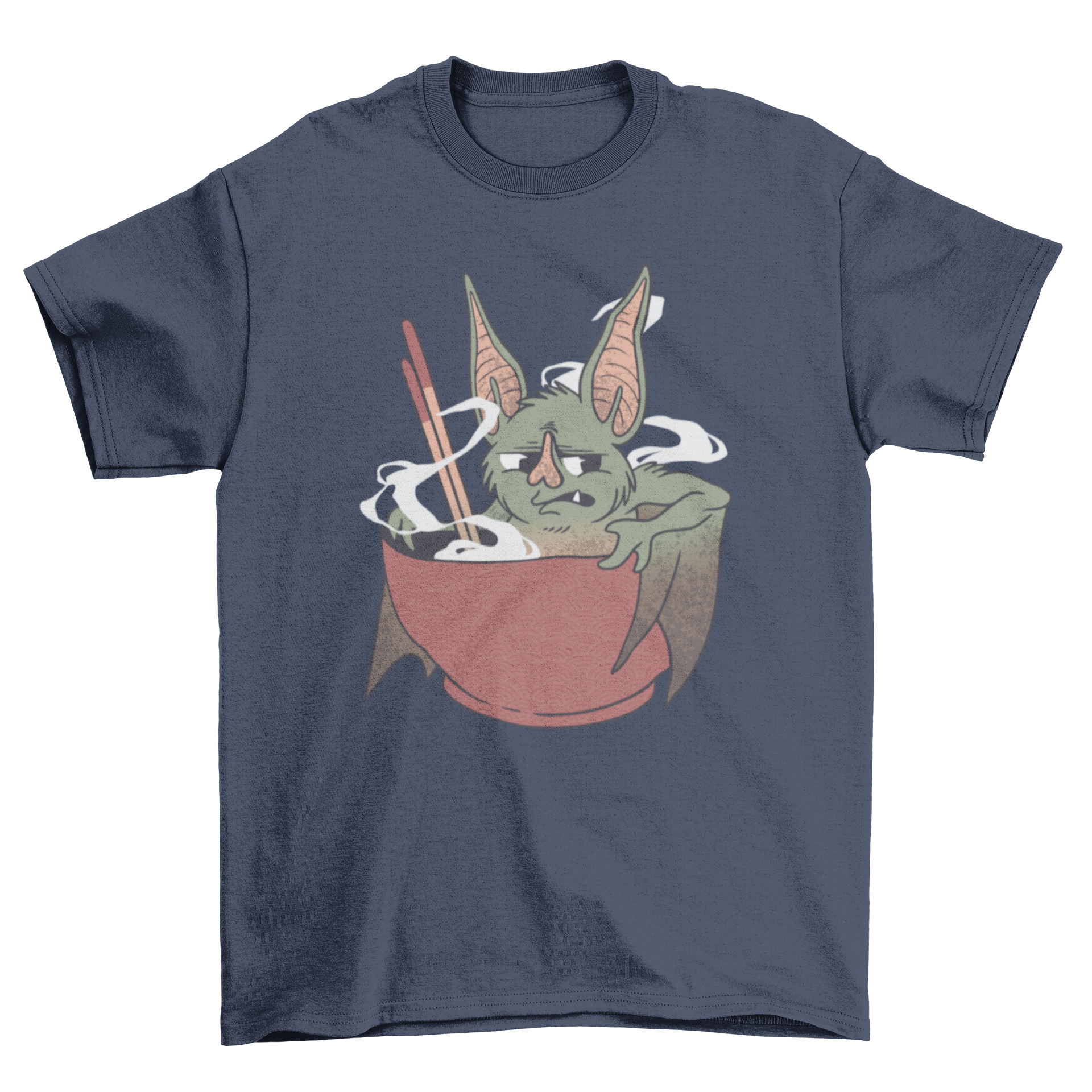 A stylish Chinese Bat T-shirt featuring a bat in a steaming food bowl with chopsticks, showcasing a unique and playful design.