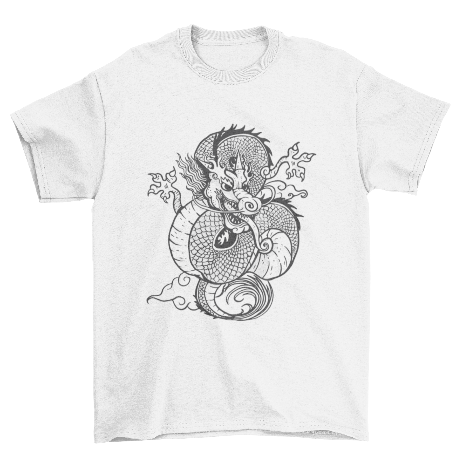 A stylish t-shirt featuring a hand drawn Chinese dragon design, showcasing intricate details and vibrant colors.