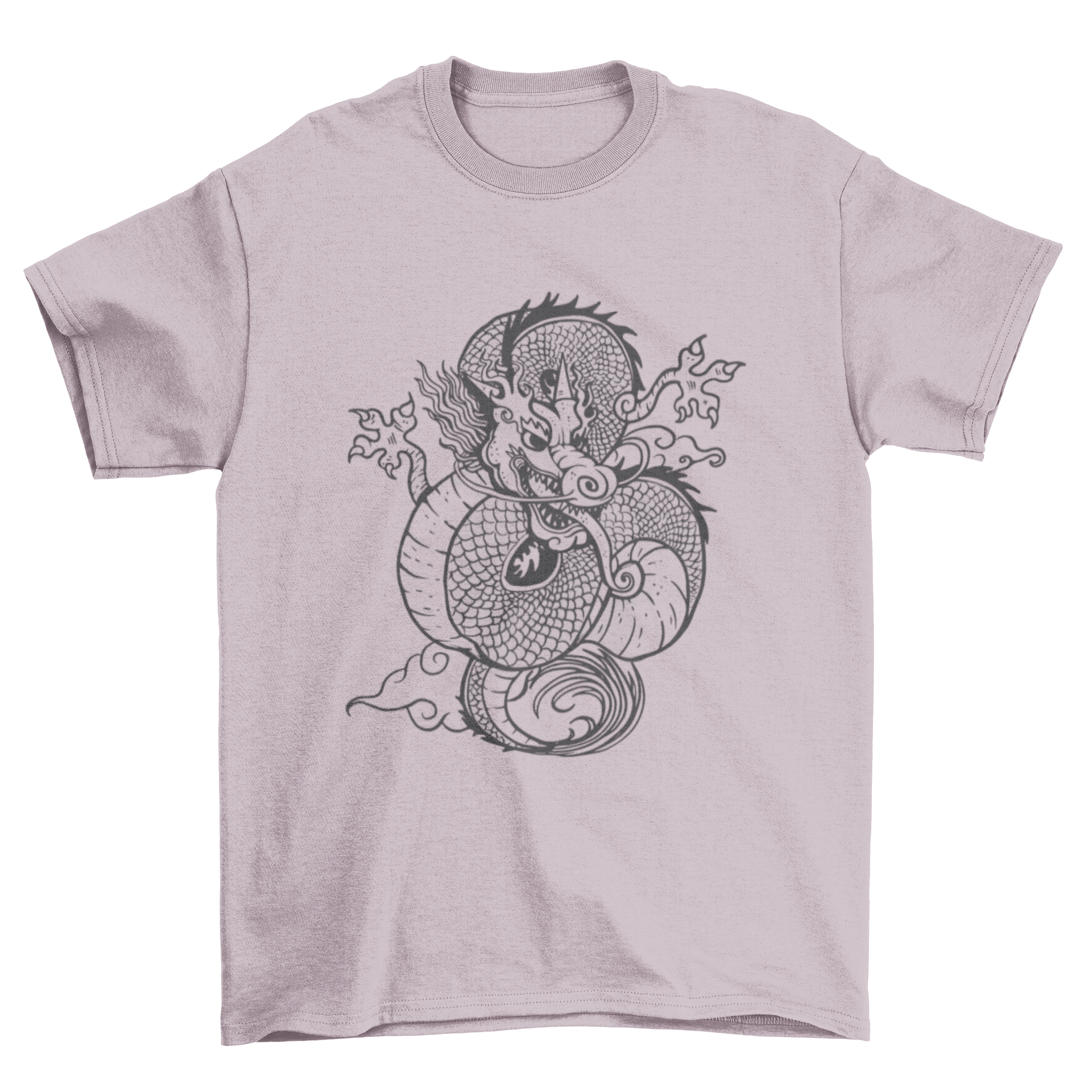 A stylish t-shirt featuring a hand drawn Chinese dragon design, showcasing intricate details and vibrant colors.