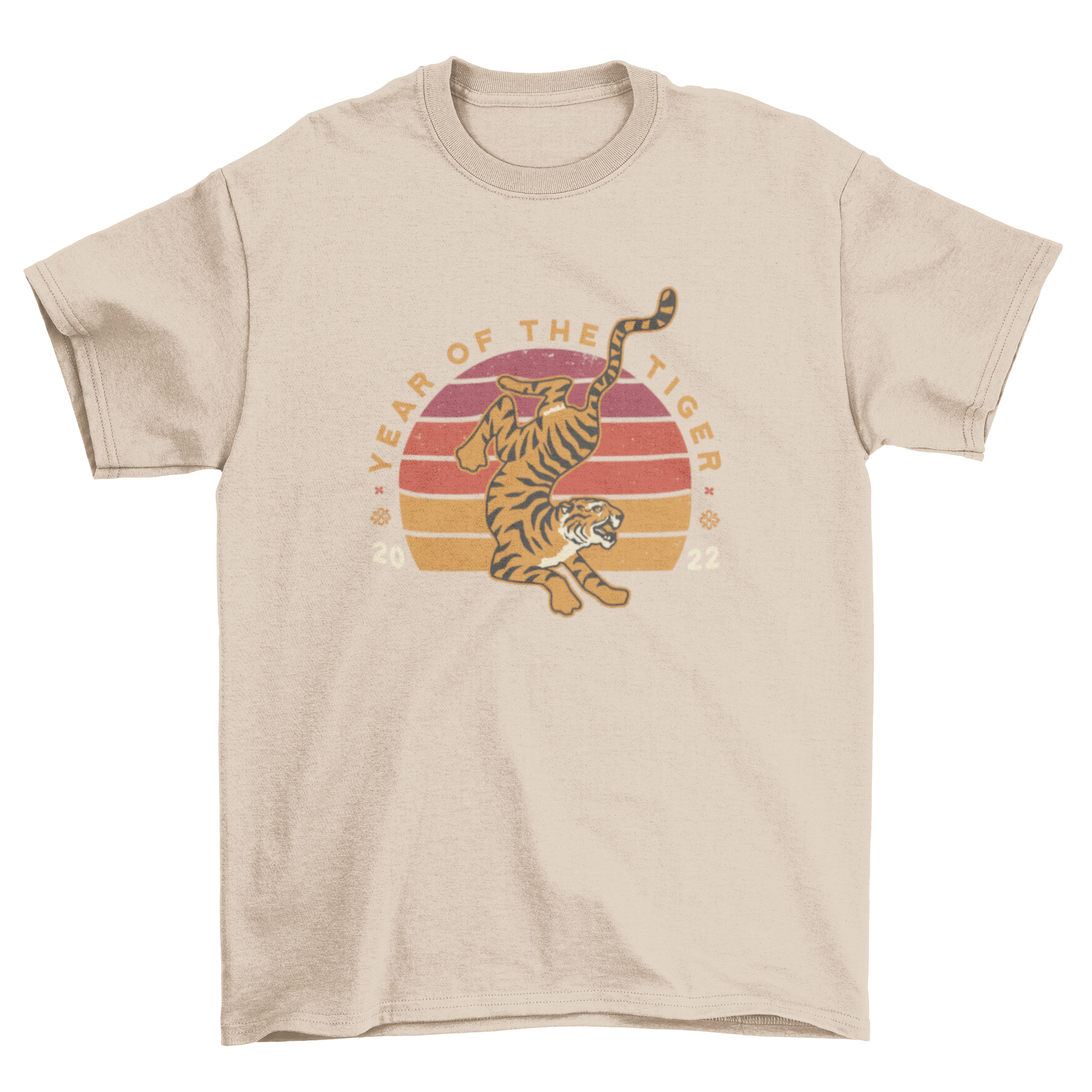 Chinese New Year t-shirt featuring a tiger against a retro sunset background with the quote 'Year of the Tiger 2022'.