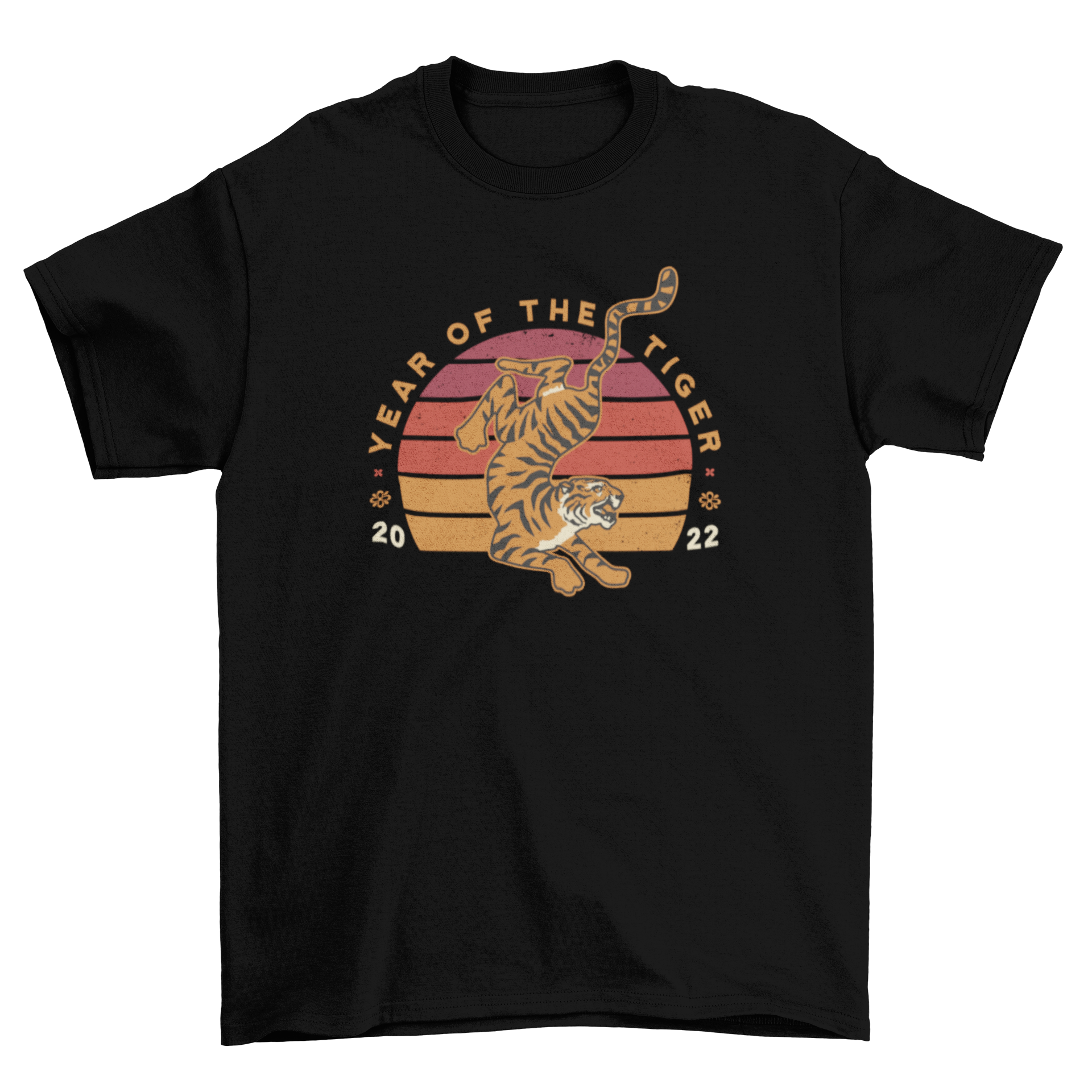 Chinese New Year t-shirt featuring a tiger against a retro sunset background with the quote 'Year of the Tiger 2022'.