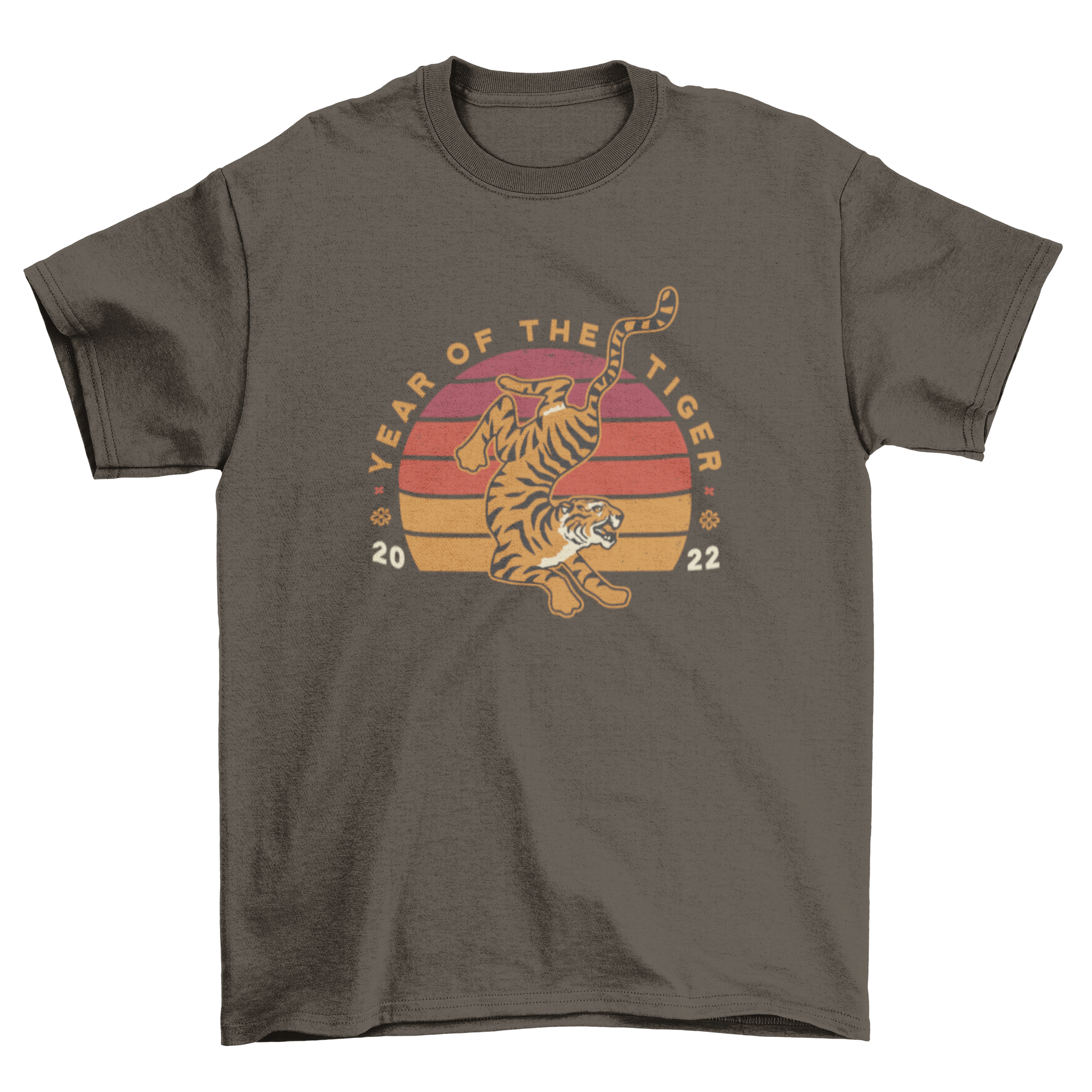 Chinese New Year t-shirt featuring a tiger against a retro sunset background with the quote 'Year of the Tiger 2022'.