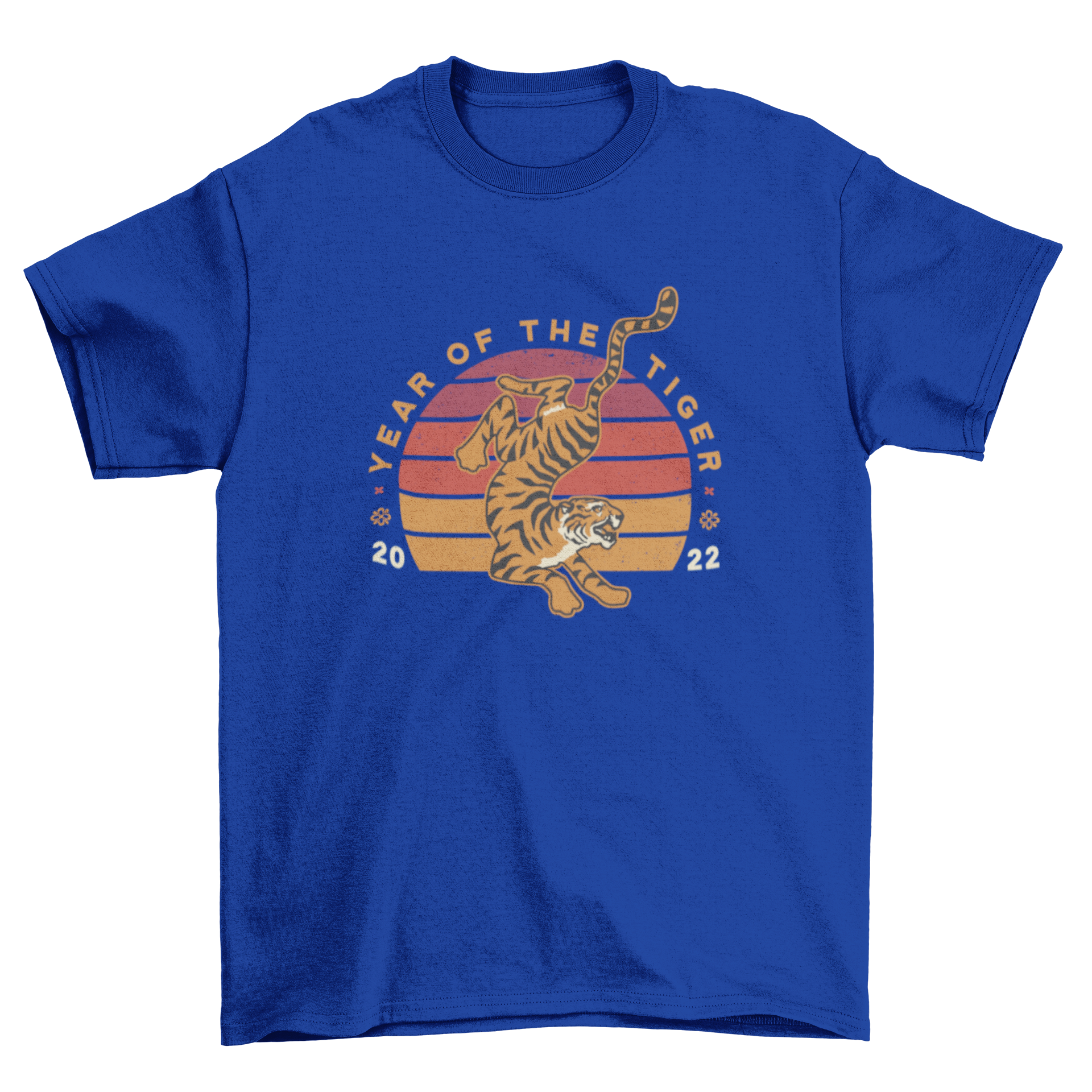 Chinese New Year t-shirt featuring a tiger against a retro sunset background with the quote 'Year of the Tiger 2022'.