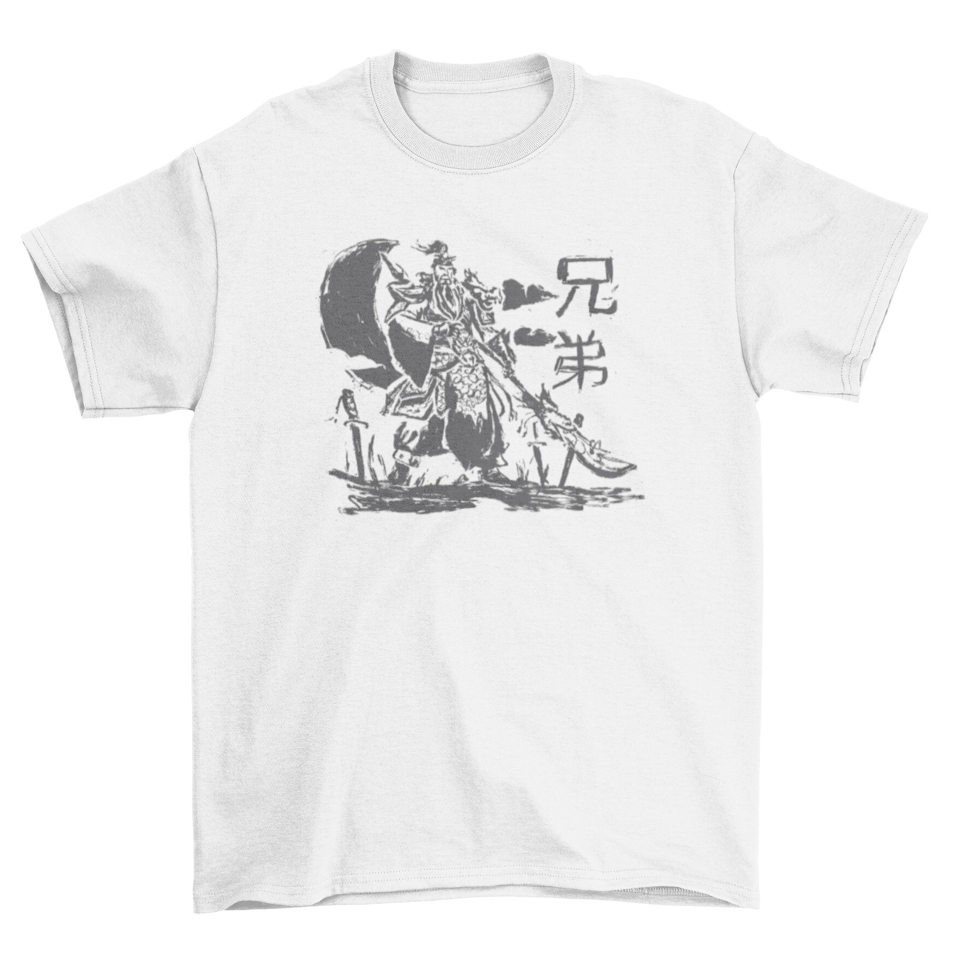 A stylish t-shirt featuring a detailed sketch of the Chinese warrior Guan Yu with Chinese characters, showcasing cultural artistry.