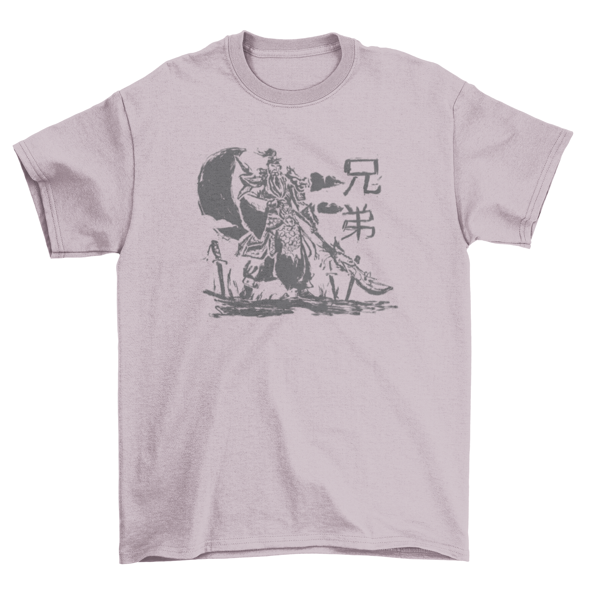 A stylish t-shirt featuring a detailed sketch of the Chinese warrior Guan Yu with Chinese characters, showcasing cultural artistry.