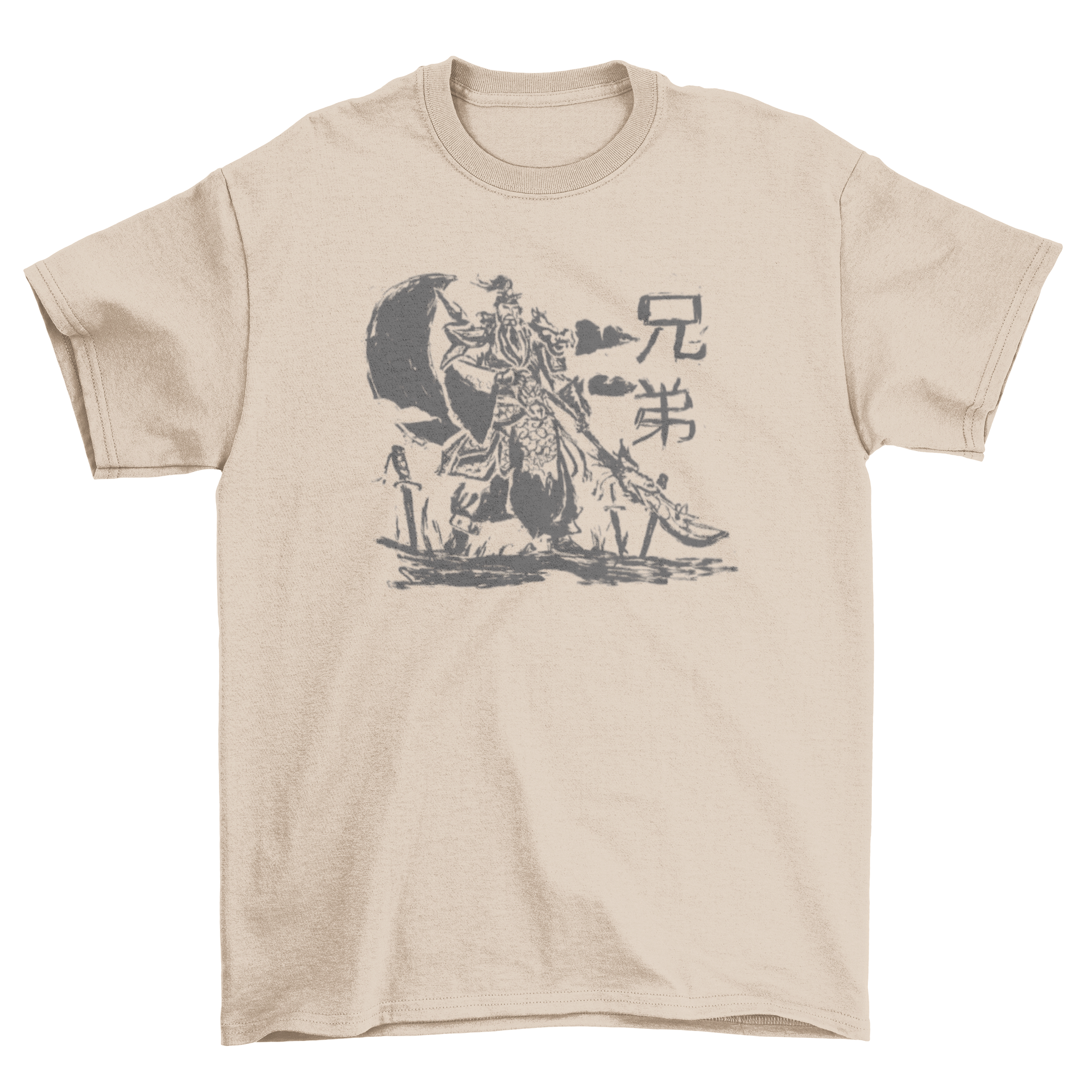 A stylish t-shirt featuring a detailed sketch of the Chinese warrior Guan Yu with Chinese characters, showcasing cultural artistry.