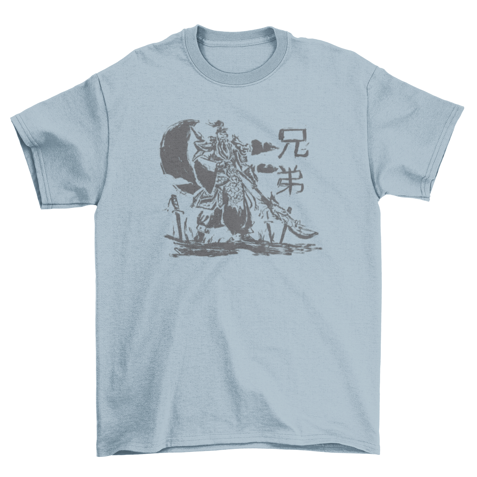 A stylish t-shirt featuring a detailed sketch of the Chinese warrior Guan Yu with Chinese characters, showcasing cultural artistry.