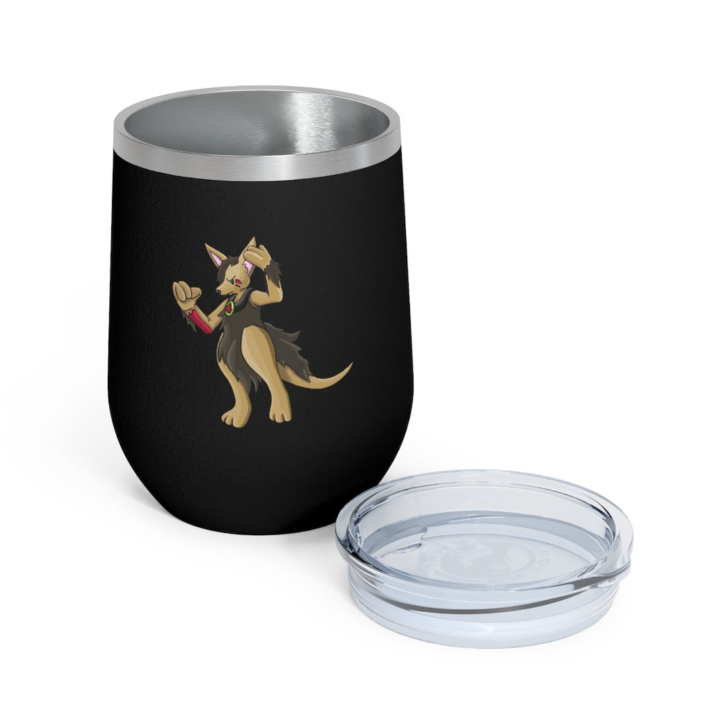 Chiwuadud 12oz Insulated Wine Tumbler with clear lid, showcasing its sleek stainless steel design and customizable artwork.