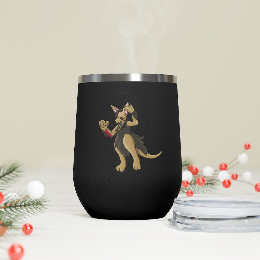 Chiwuadud 12oz Insulated Wine Tumbler with clear lid, showcasing its sleek stainless steel design and customizable artwork.