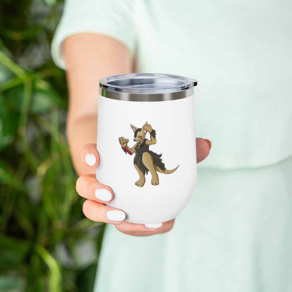 Chiwuadud 12oz Insulated Wine Tumbler with clear lid, showcasing its sleek stainless steel design and customizable artwork.