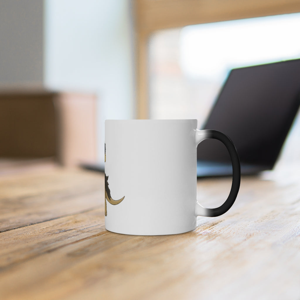 Chiwuadud Color Changing Mug showcasing its unique color transformation with a warm beverage inside, featuring a white ceramic design and C-handle.