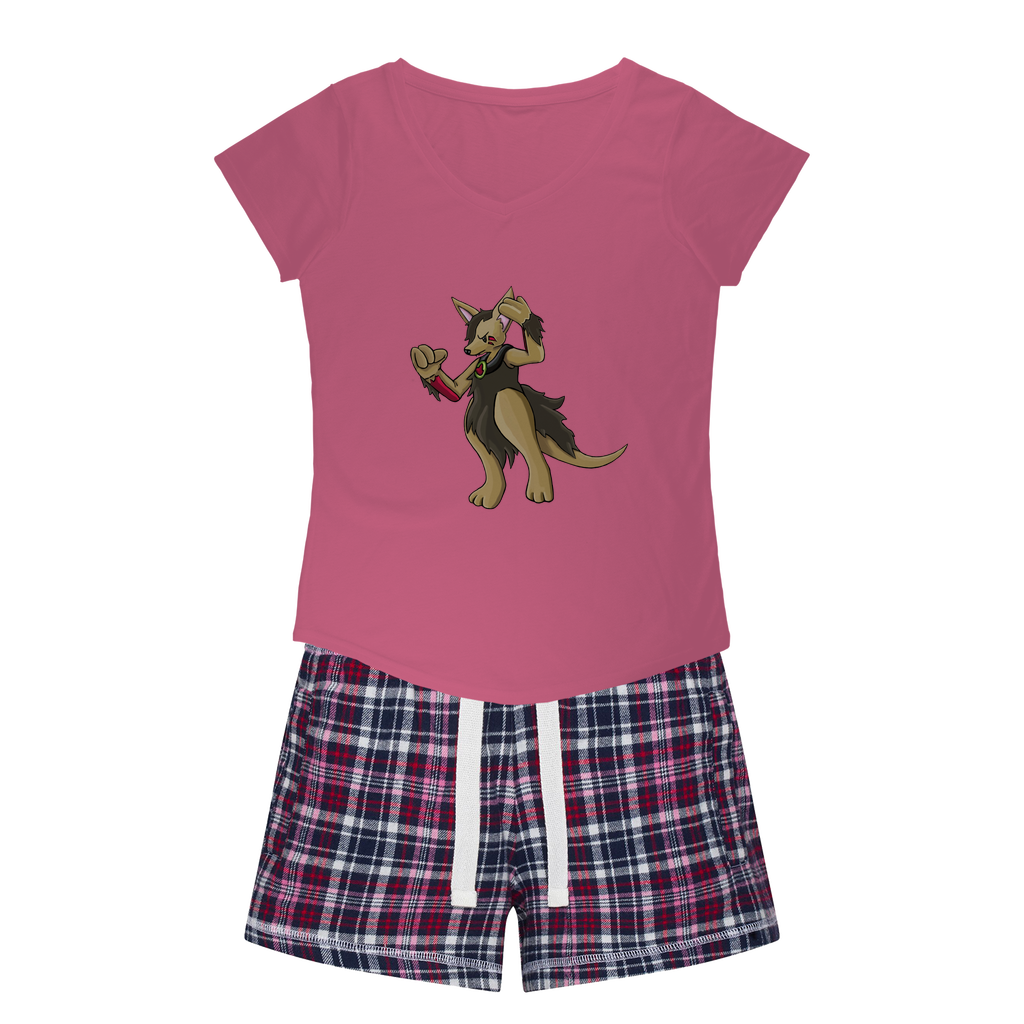 Chiwuadud Women's Sleepy Tee and Flannel Short set featuring a relaxed fit T-shirt and colorful flannel shorts, perfect for cozy nights.