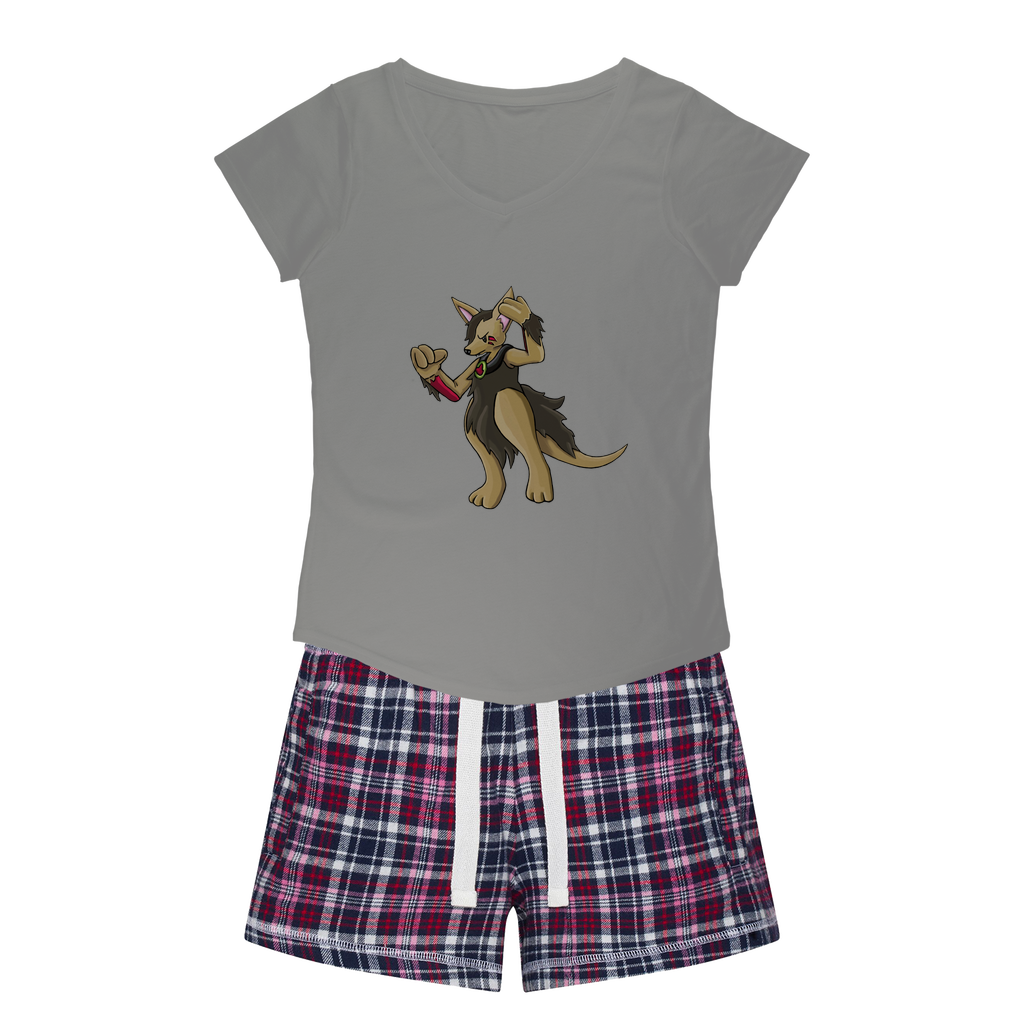 Chiwuadud Women's Sleepy Tee and Flannel Short set featuring a relaxed fit T-shirt and colorful flannel shorts, perfect for cozy nights.