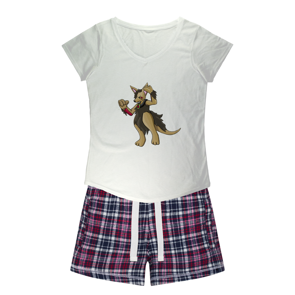 Chiwuadud Women's Sleepy Tee and Flannel Short set featuring a relaxed fit T-shirt and colorful flannel shorts, perfect for cozy nights.