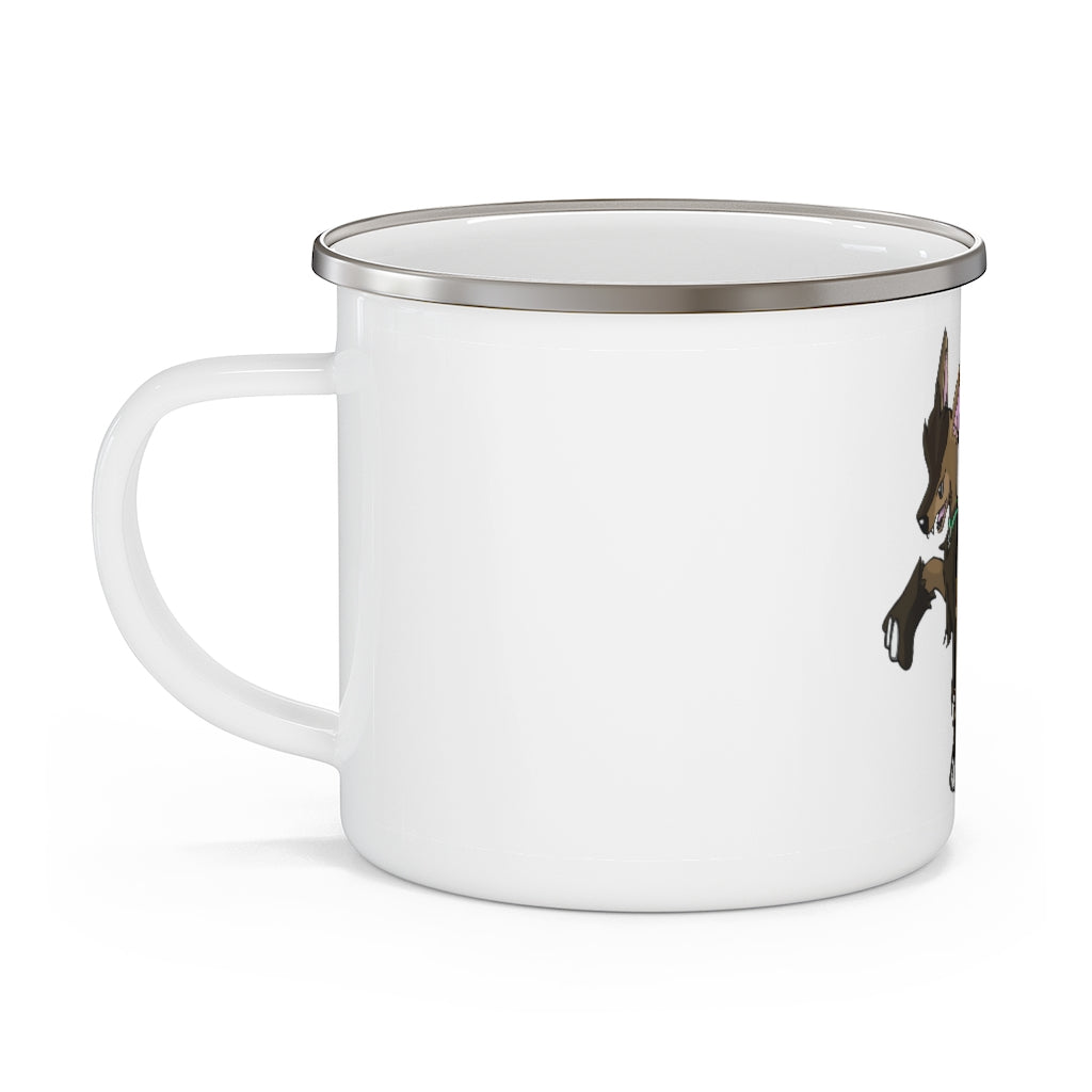 Chiwuahun Enamel Camping Mug in a natural outdoor setting, showcasing its durable design and customizable printing options.