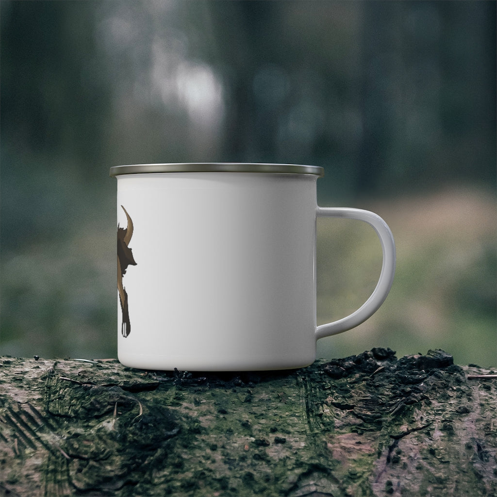 Chiwuahun Enamel Camping Mug in a natural outdoor setting, showcasing its durable design and customizable printing options.