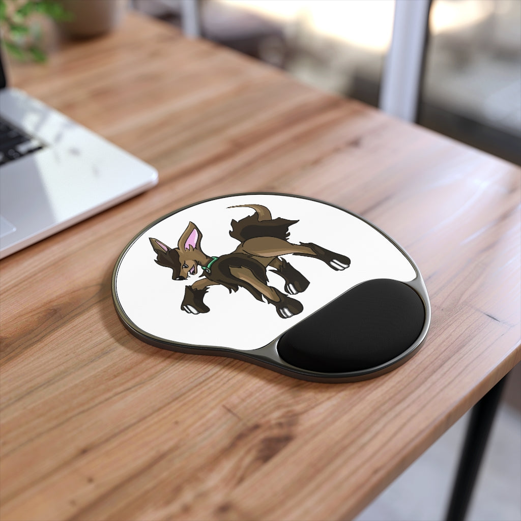 Chiwuahun Mouse Pad with ergonomic Memory Foam wrist rest and custom-printed neoprene insert, featuring a foot-shaped black plastic base.