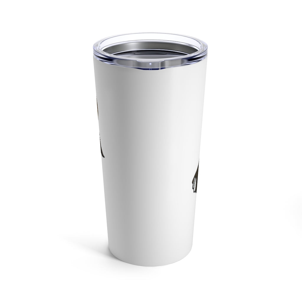 Chiwuahun Tumbler 20oz in stainless steel with a see-thru plastic lid, showcasing its sleek design and rounded corners.