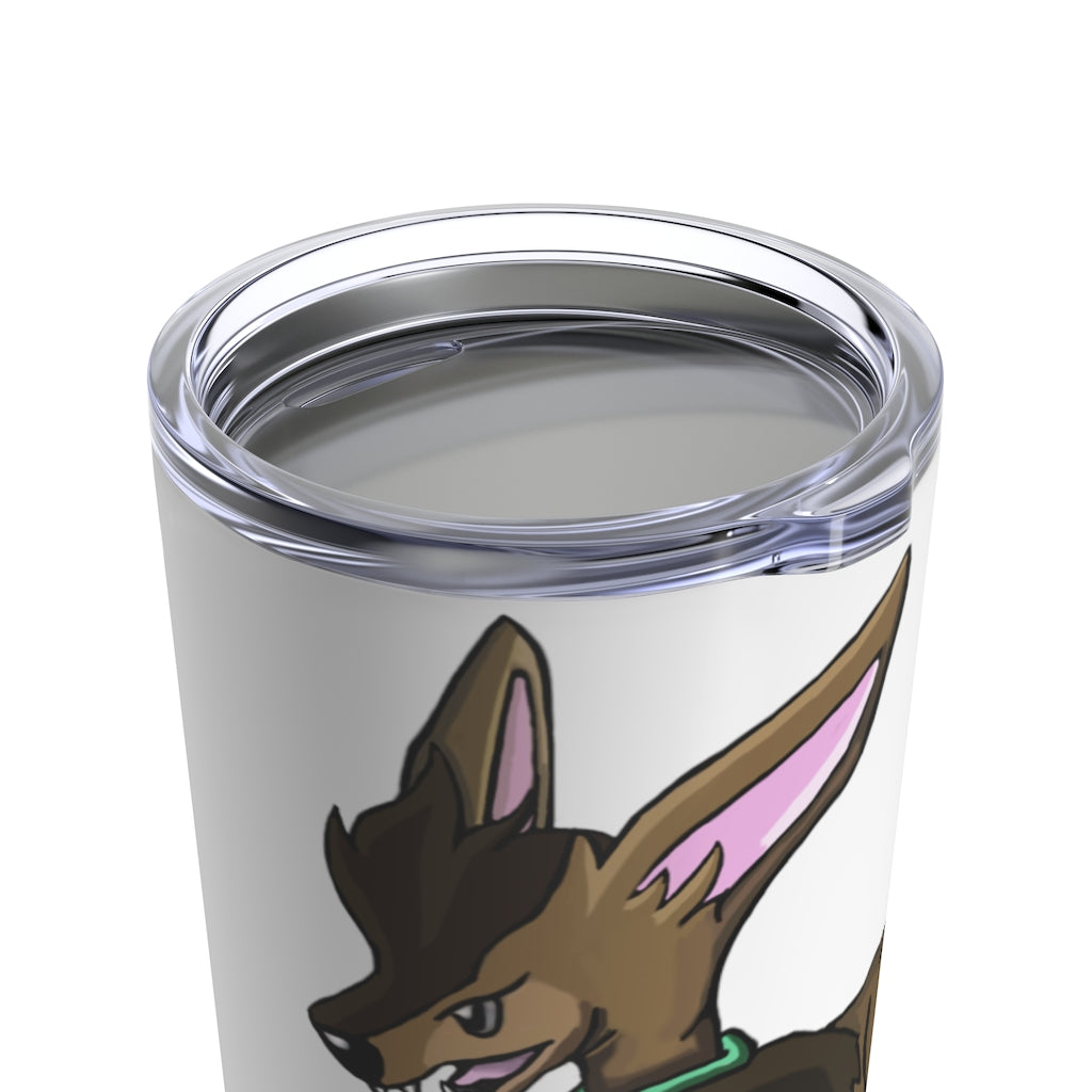 Chiwuahun Tumbler 20oz in stainless steel with a see-thru plastic lid, showcasing its sleek design and rounded corners.