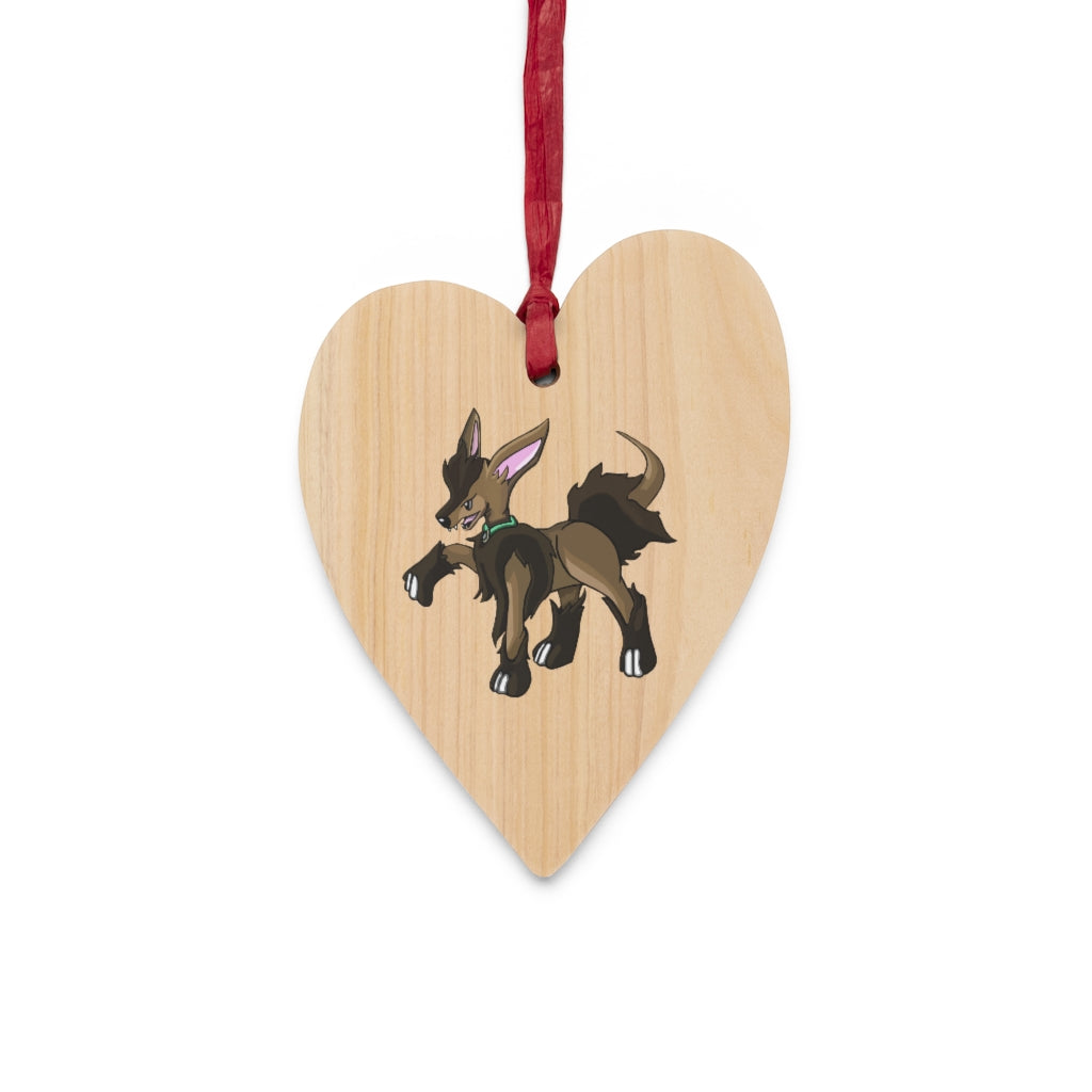 Chiwuahun Wooden Christmas Ornaments featuring six whimsical shapes with a rustic wooden finish and red hanging ribbons.