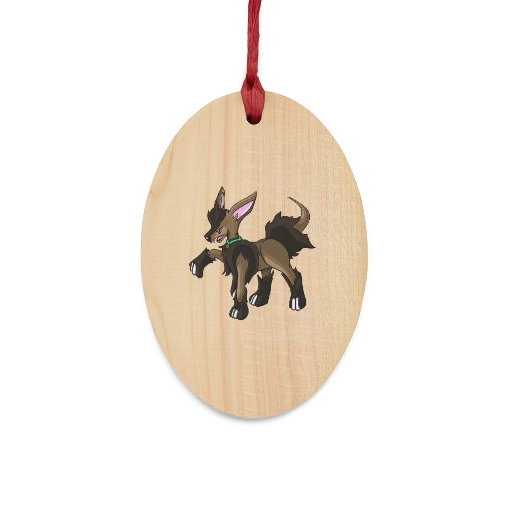 Chiwuahun Wooden Christmas Ornaments featuring six whimsical shapes with a rustic wooden finish and red hanging ribbons.