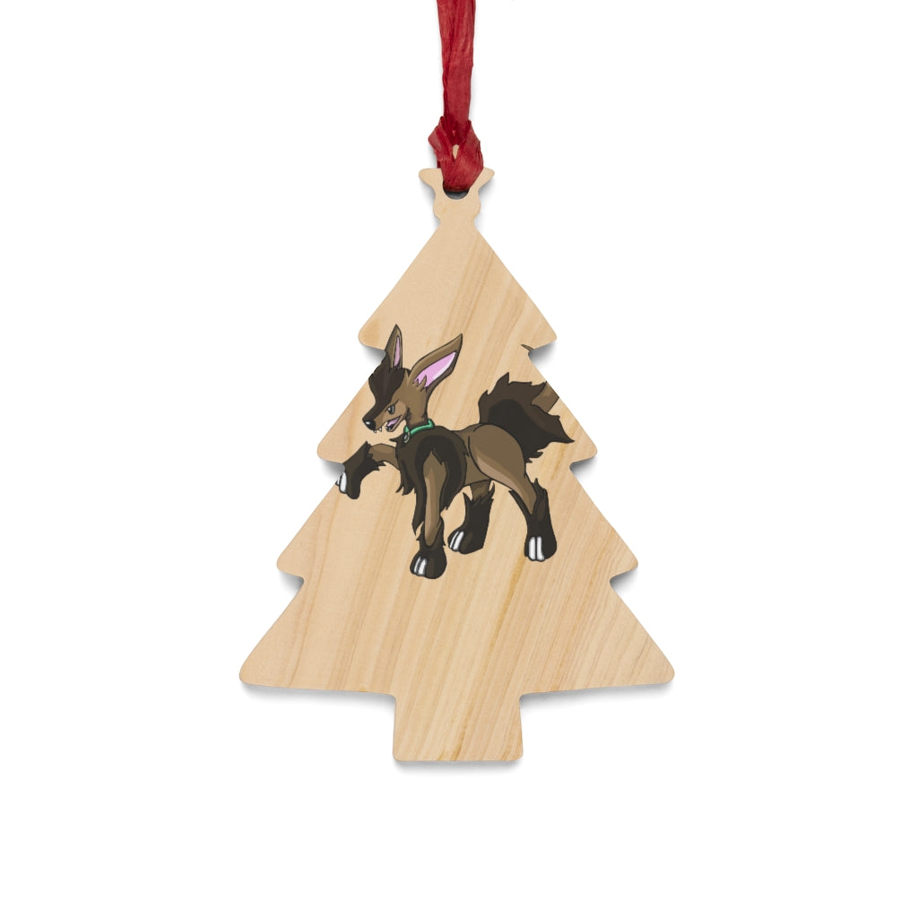 Chiwuahun Wooden Christmas Ornaments featuring six whimsical shapes with a rustic wooden finish and red hanging ribbons.