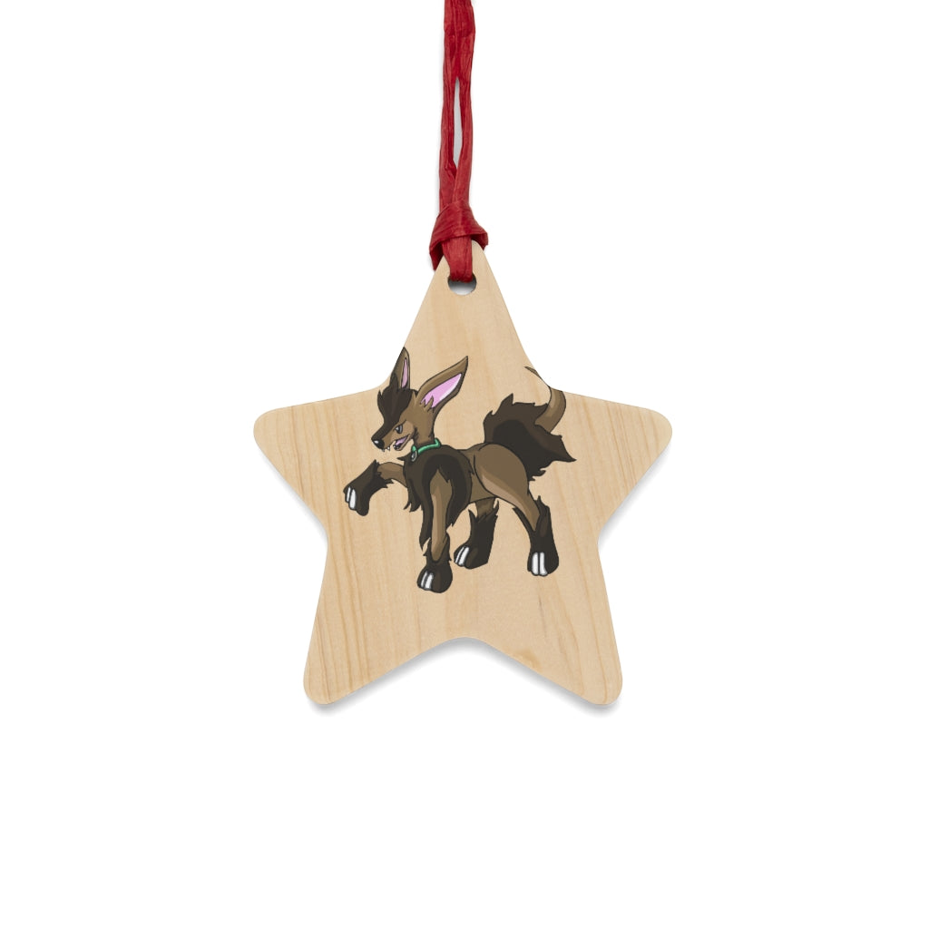 Chiwuahun Wooden Christmas Ornaments featuring six whimsical shapes with a rustic wooden finish and red hanging ribbons.