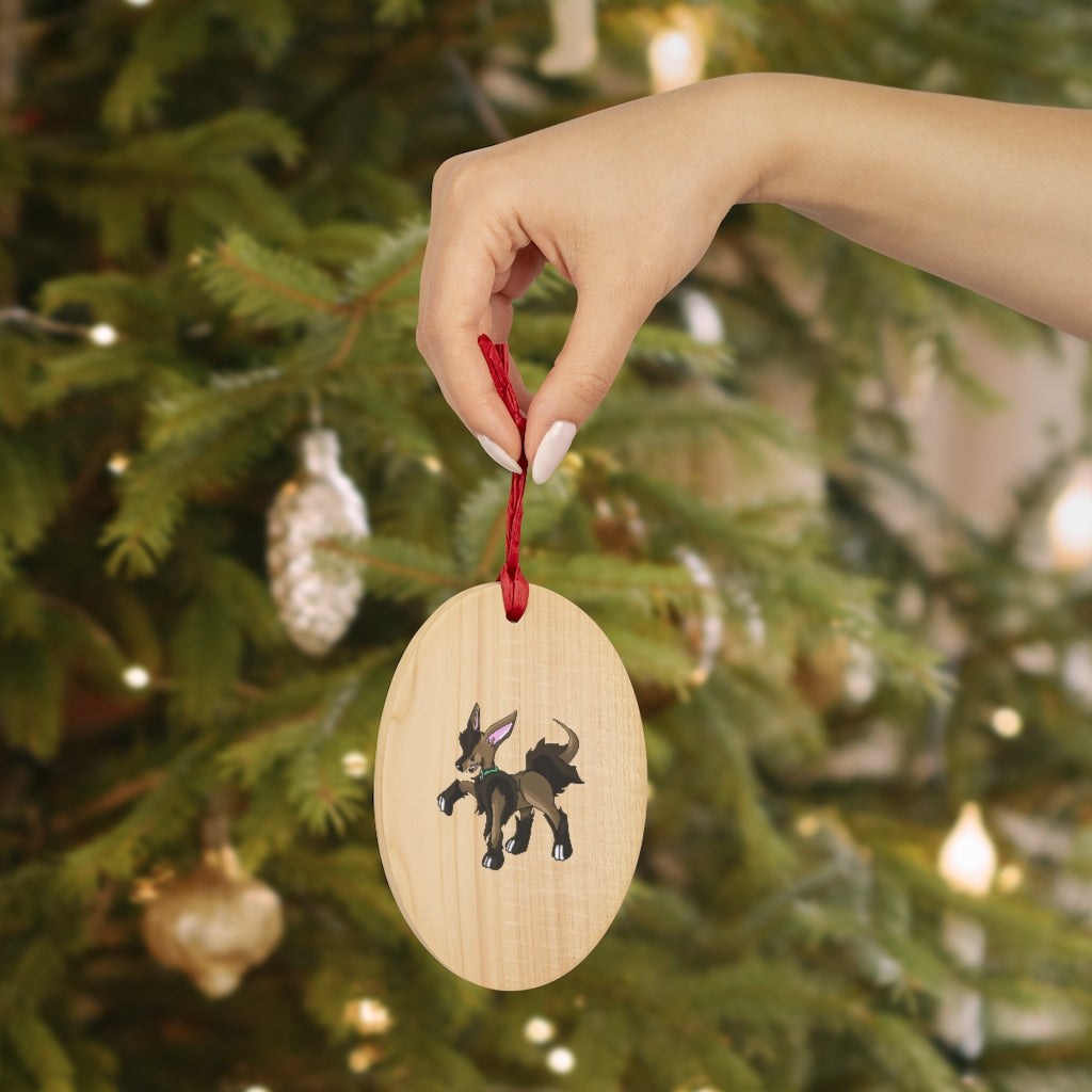 Chiwuahun Wooden Christmas Ornaments featuring six whimsical shapes with a rustic wooden finish and red hanging ribbons.