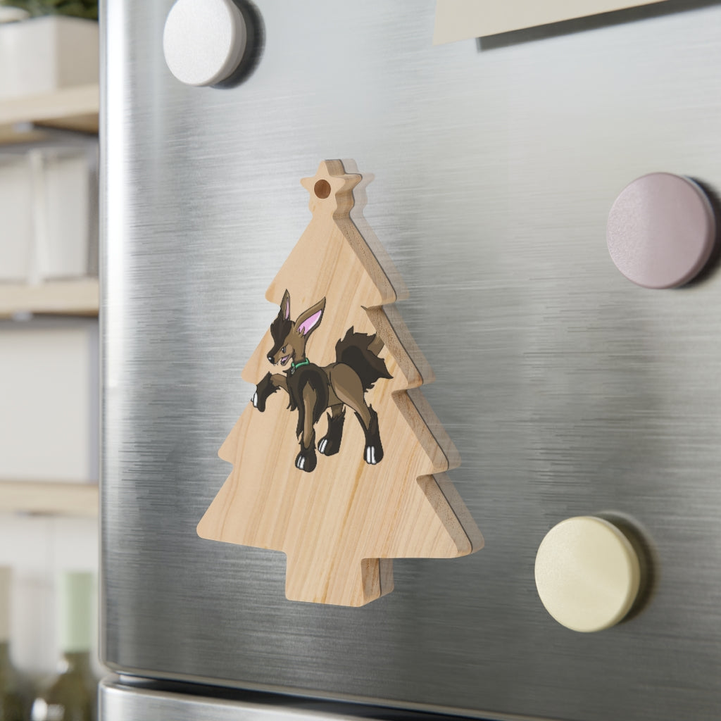 Chiwuahun Wooden Christmas Ornaments featuring six whimsical shapes with a rustic wooden finish and red hanging ribbons.