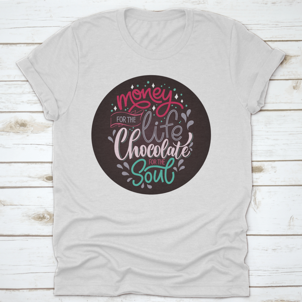 A colorful Christmas winter shirt featuring a chocolate hand lettering quote, showcasing festive design elements.