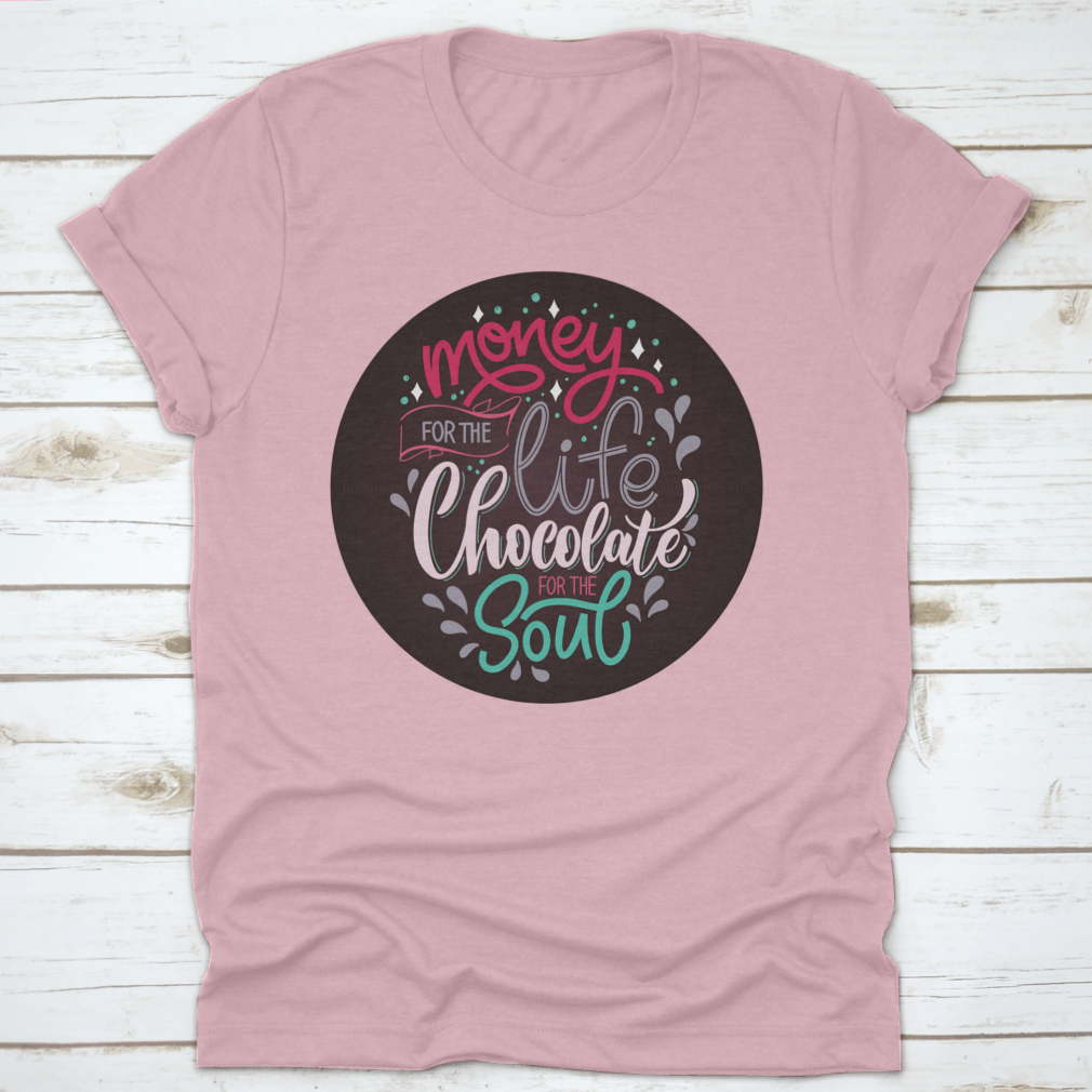 A colorful Christmas winter shirt featuring a chocolate hand lettering quote, showcasing festive design elements.