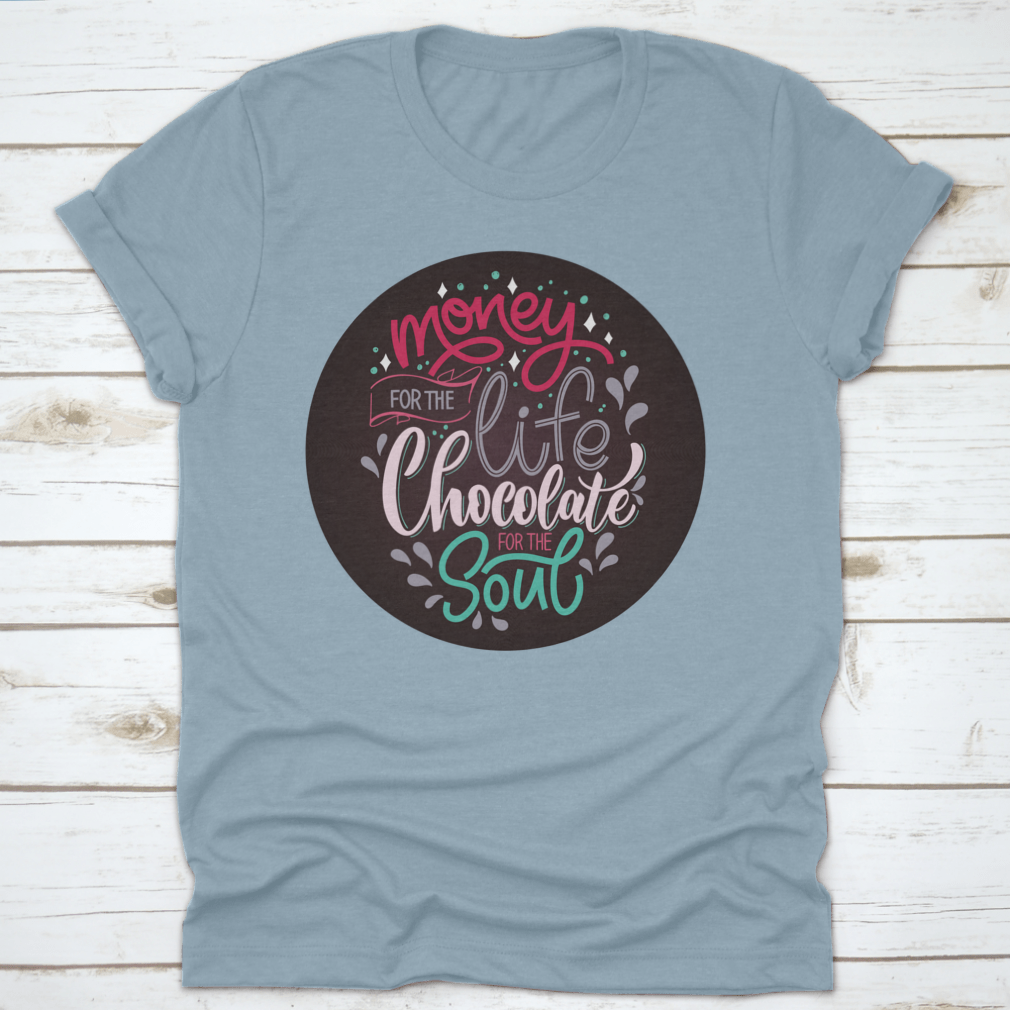 A colorful Christmas winter shirt featuring a chocolate hand lettering quote, showcasing festive design elements.