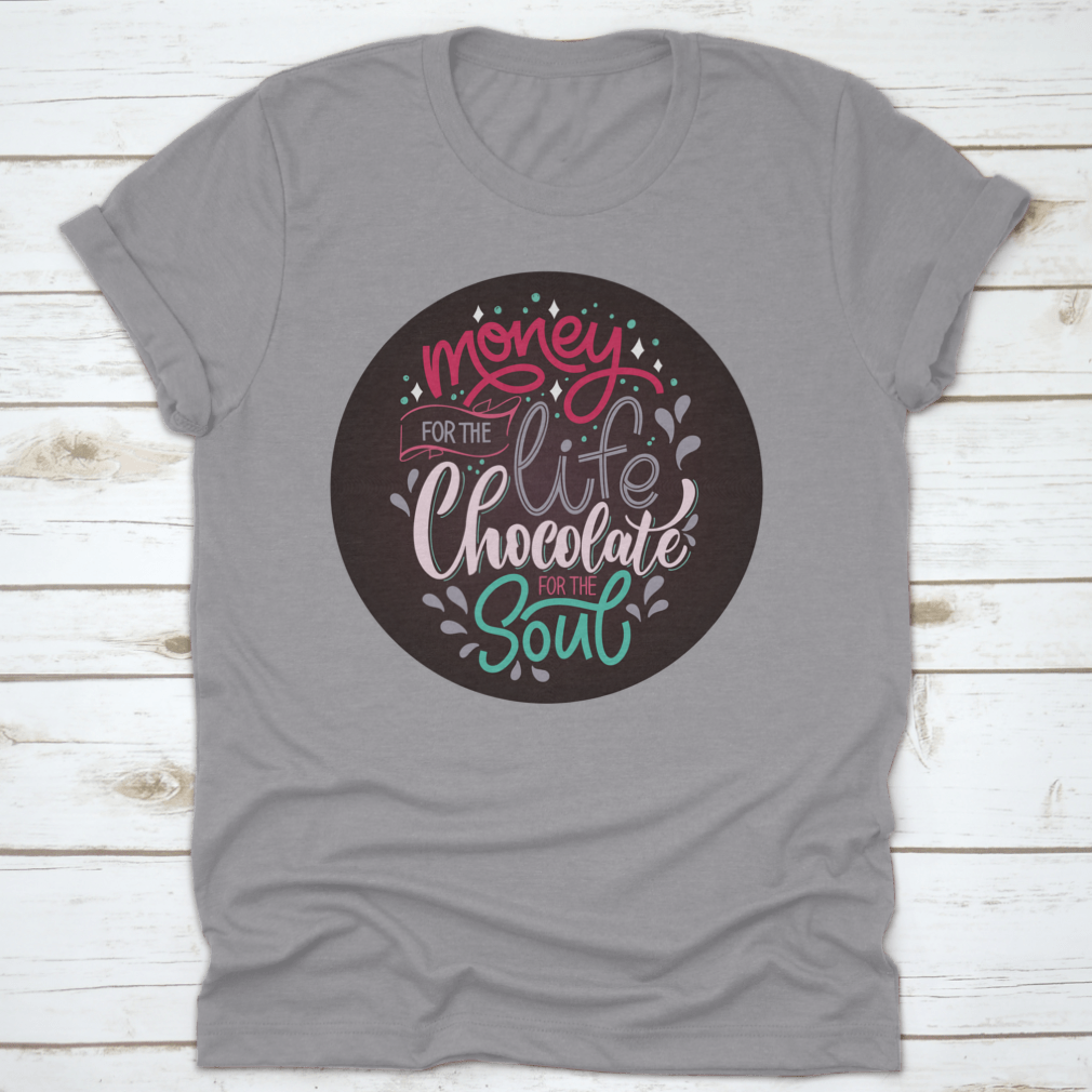 A colorful Christmas winter shirt featuring a chocolate hand lettering quote, showcasing festive design elements.