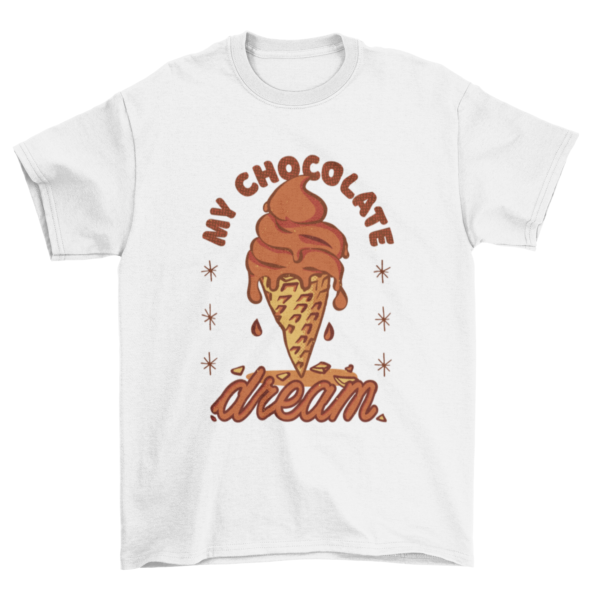 A stylish t-shirt featuring a colorful illustration of a chocolate ice cream cone with the quote 'My chocolate dream'.