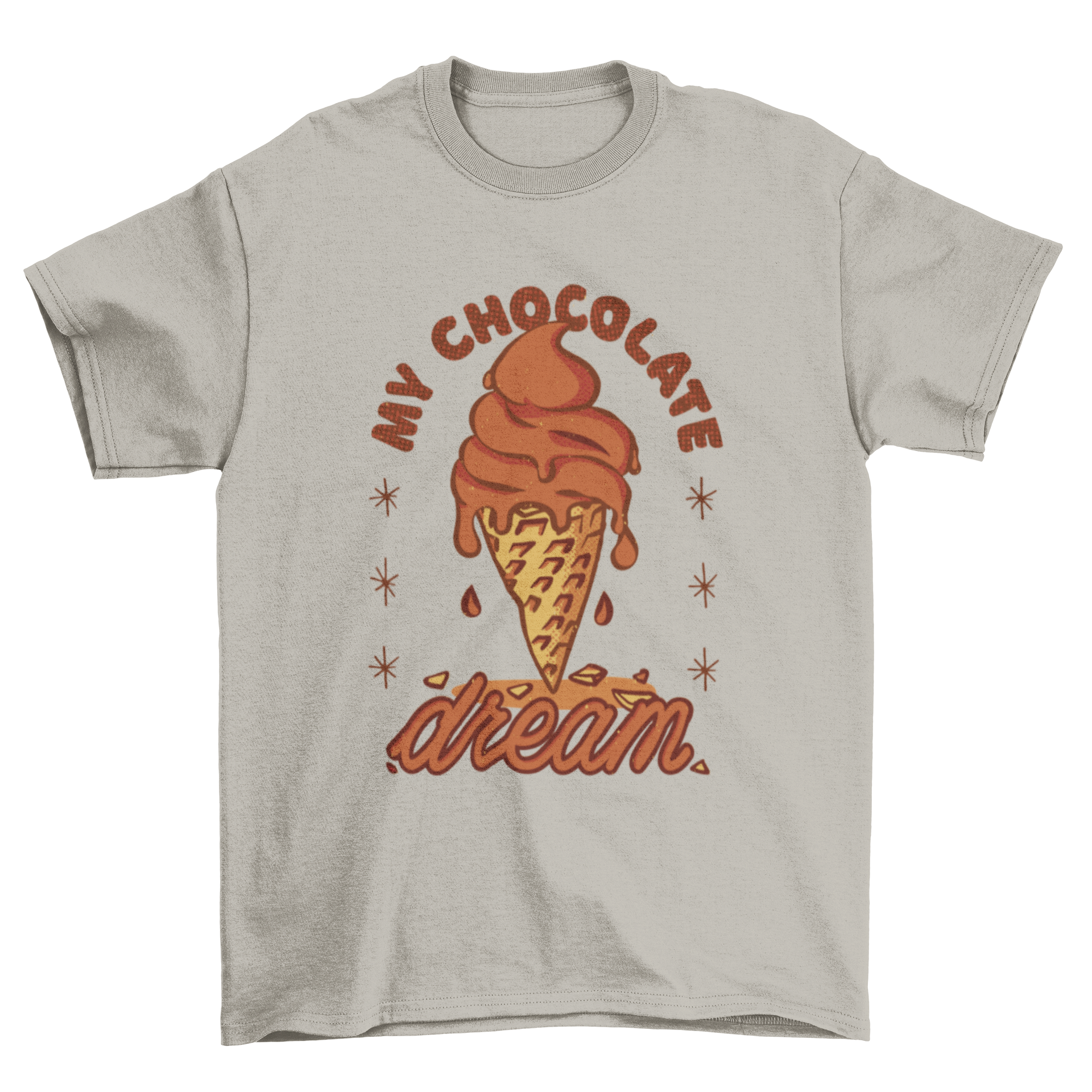 A stylish t-shirt featuring a colorful illustration of a chocolate ice cream cone with the quote 'My chocolate dream'.