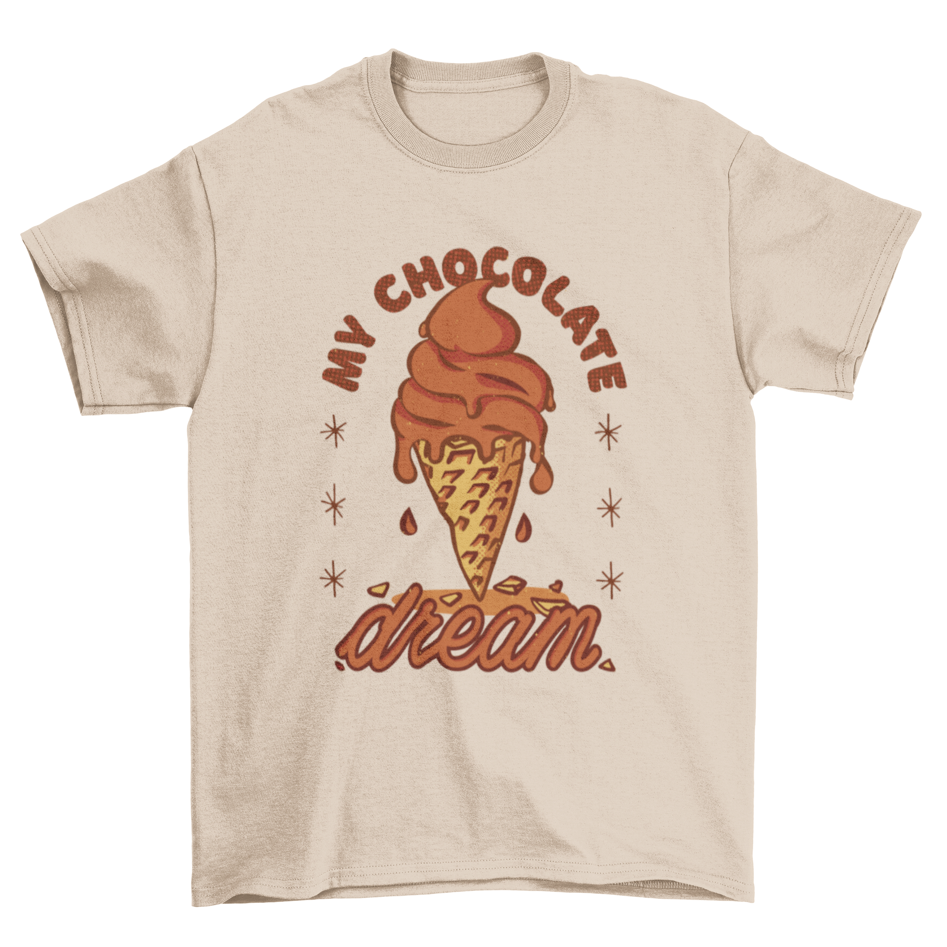 A stylish t-shirt featuring a colorful illustration of a chocolate ice cream cone with the quote 'My chocolate dream'.