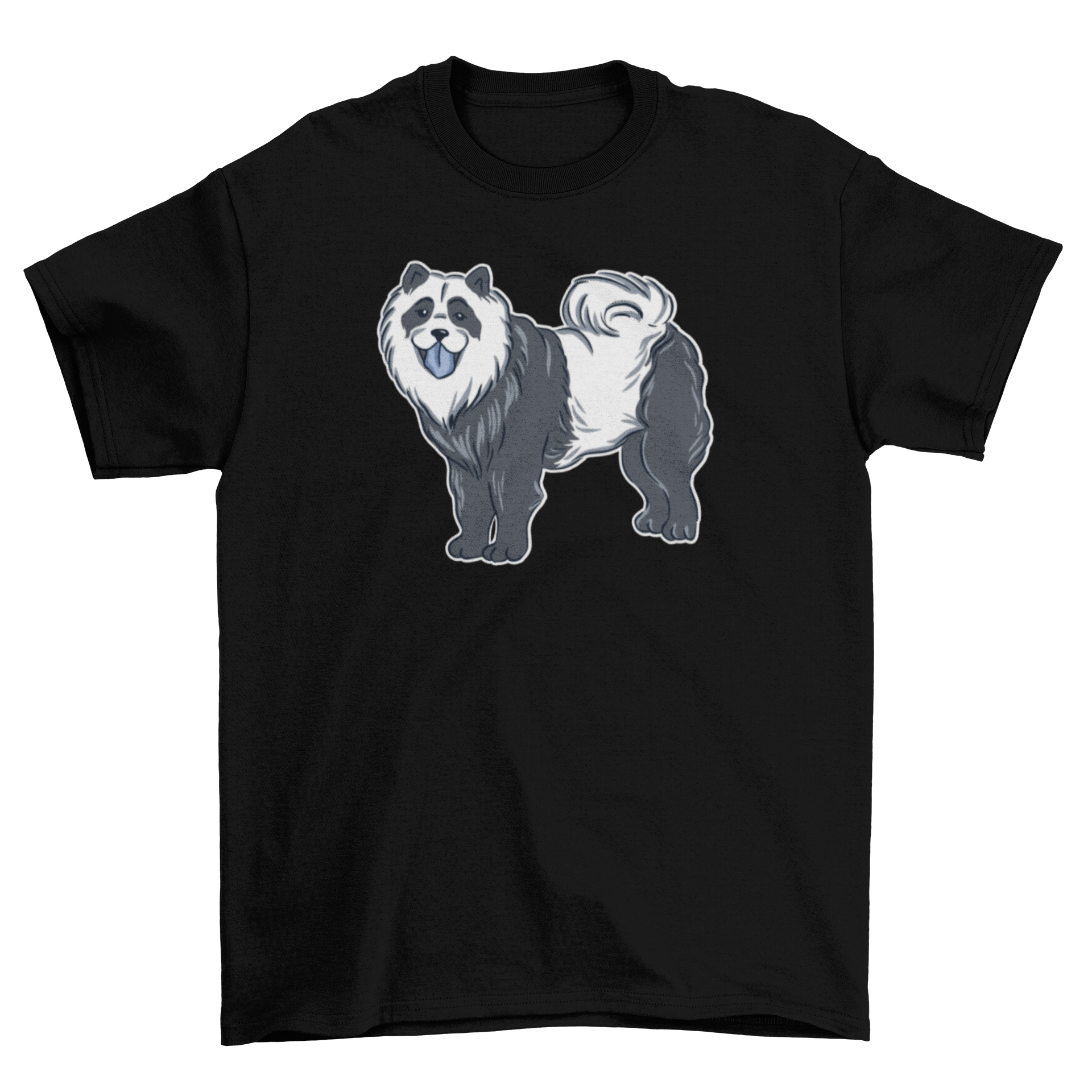 Illustrated dog on black t-shirt.