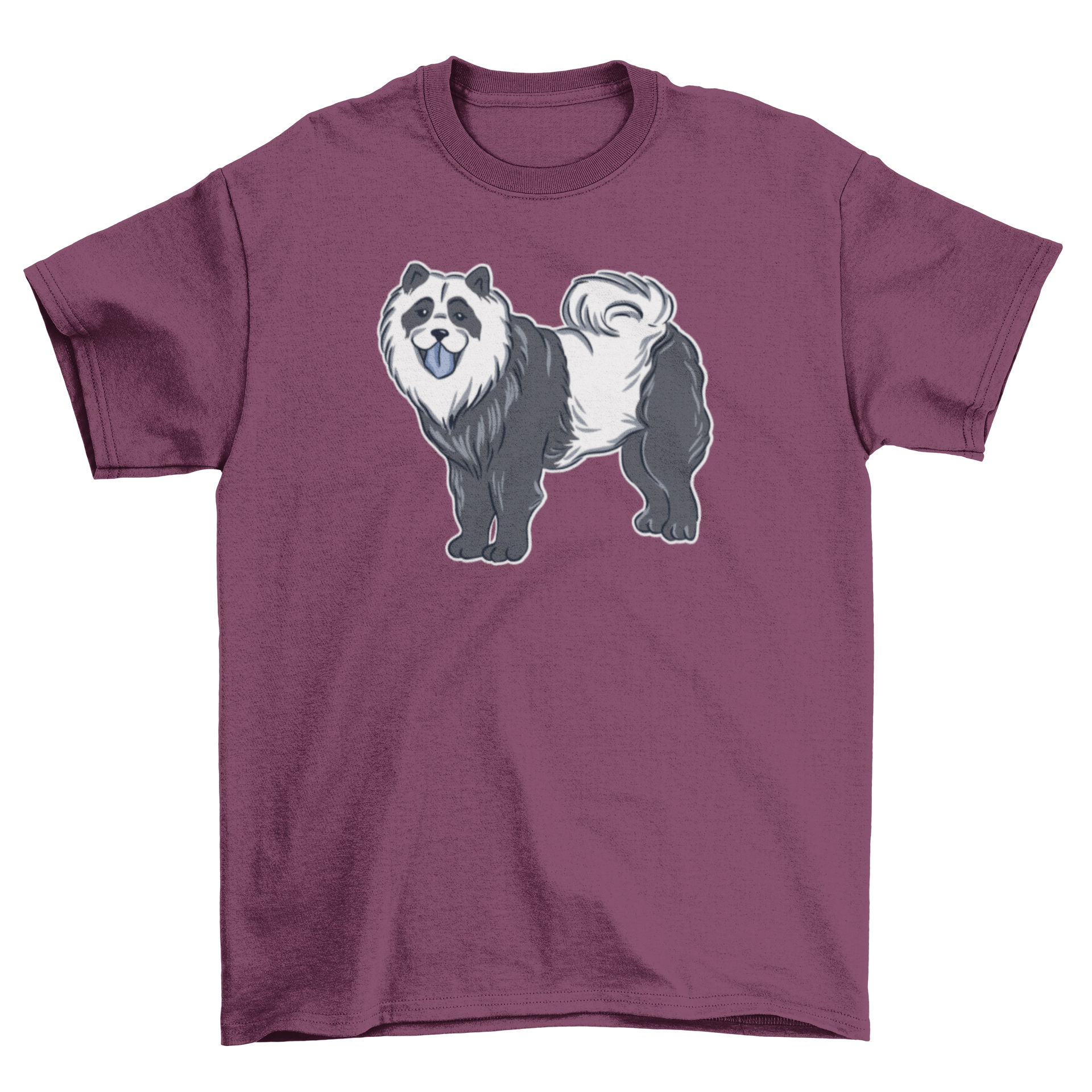 Purple shirt with dog illustration.