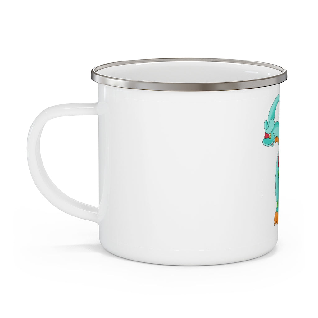 Chrisikle Enamel Camping Mug with a C-handle, featuring a durable stainless steel body and personalized full-color design.