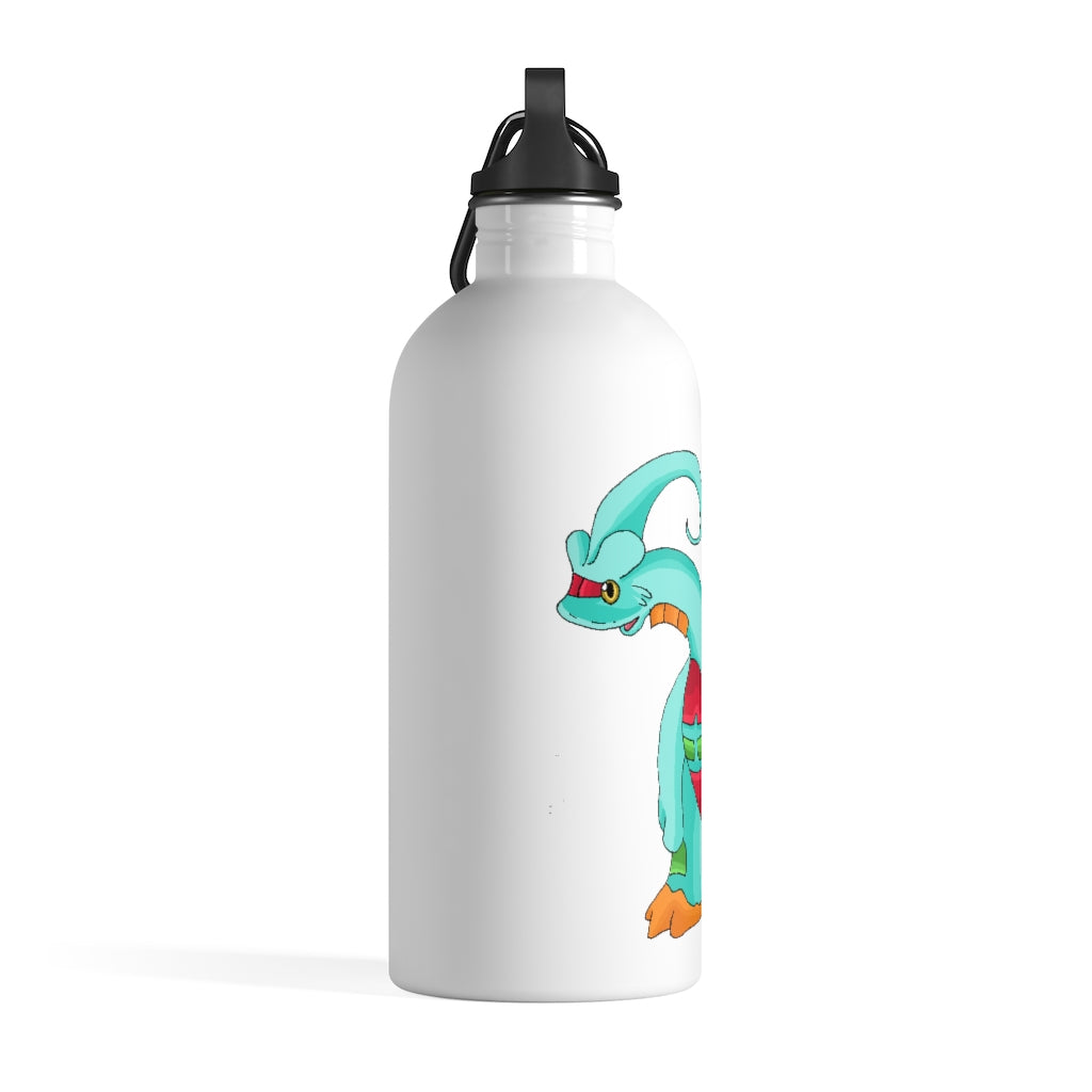 Chrisikle Stainless Steel Water Bottle with plastic screw top and carabiner, showcasing its sleek design and vibrant print.